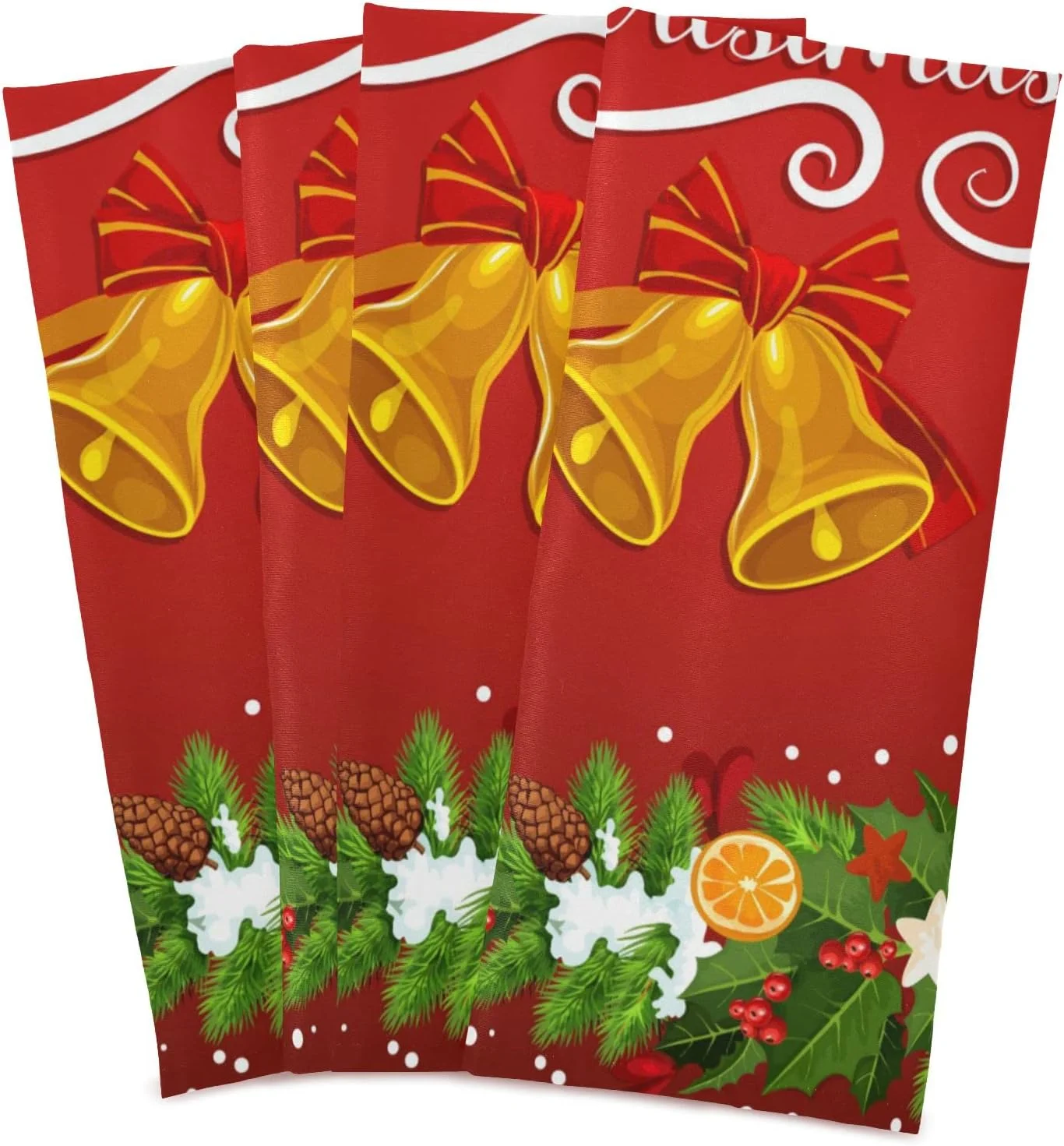 Christmas Bell Holly Berry Kitchen Towel, Dish Towels Quick Drying Tea Towels Absorbent Hand Towels for Kitchen Sink Dinner Table 28 x 18 Inches, Set of 4