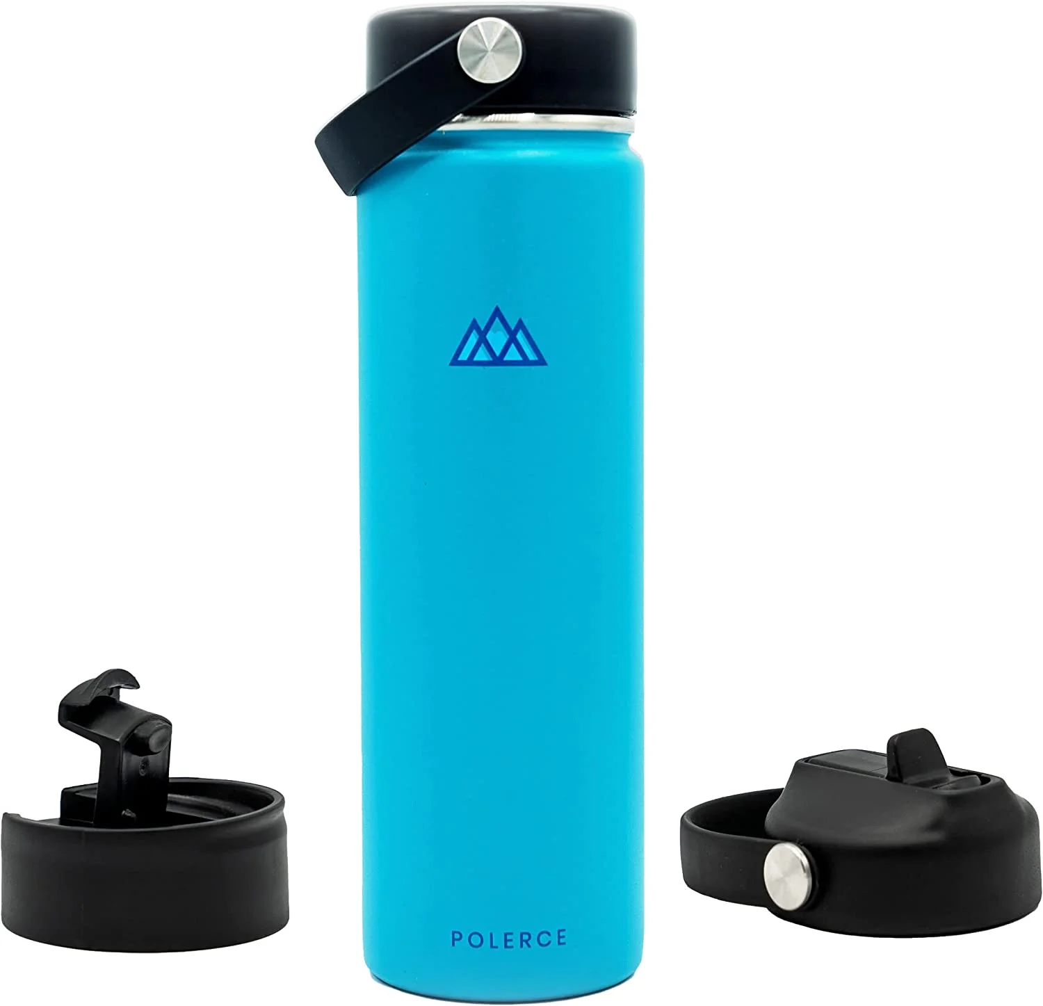 Vacuum Insulated Bottle with 3 Lids - Stainless Steel Thermally Insulated Flask - by Polerce (21 Oz, Aqua (Blue))