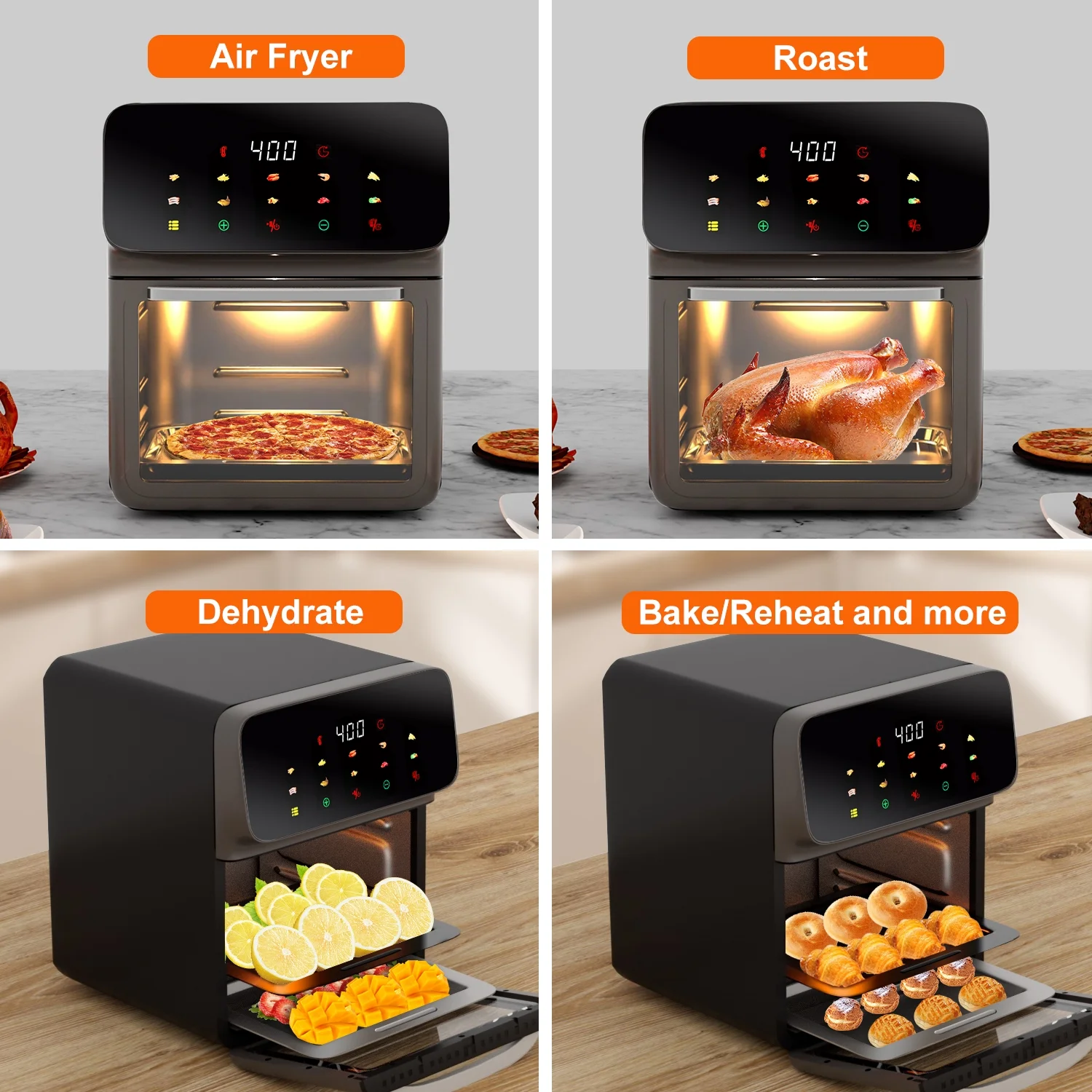 Evo Chef Air Fryer 12QT Convection Oven with Visible Window, 10-in-1 Multi Function and Touchscreen, Gray
