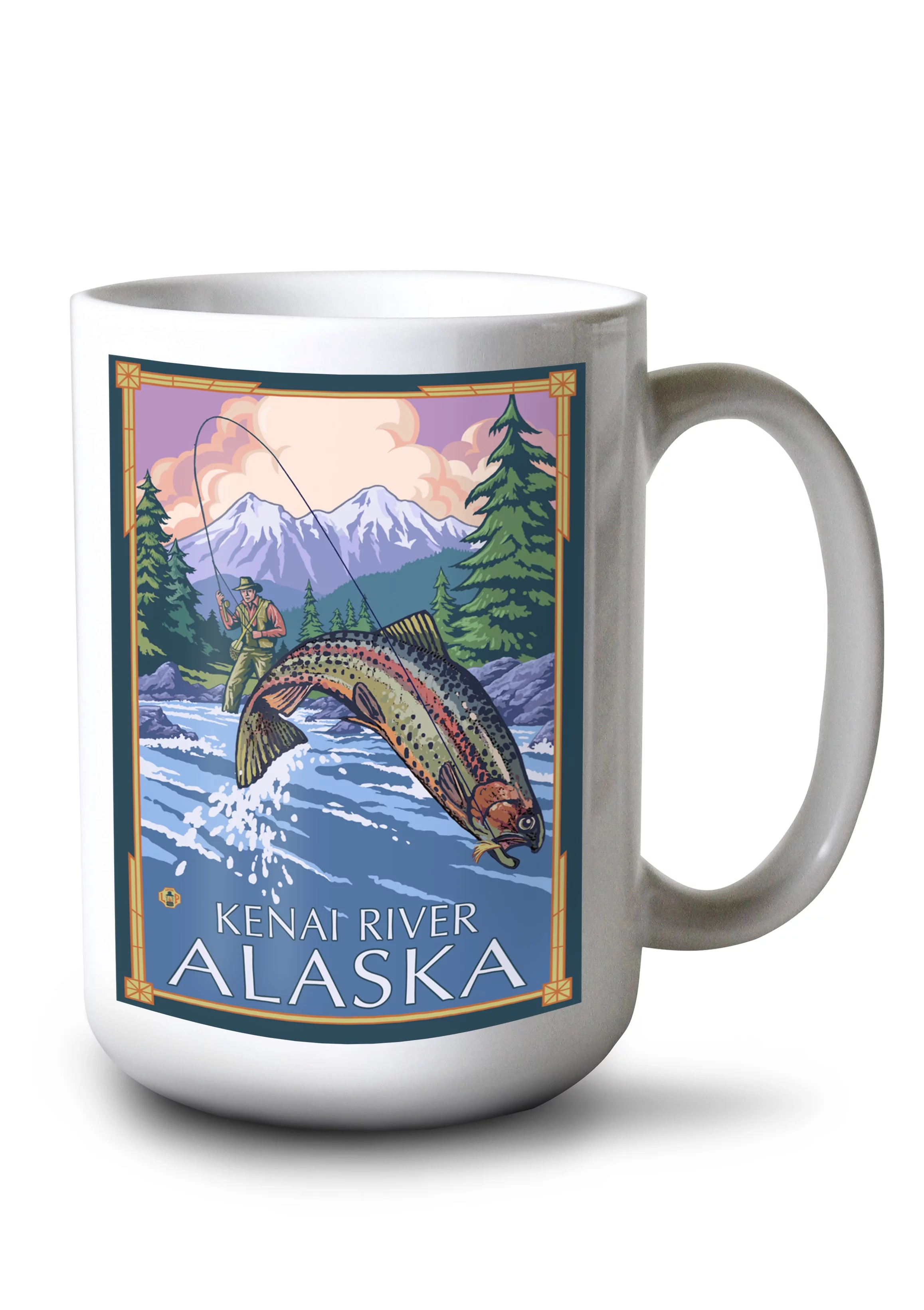 15 fl oz Ceramic Mug, Kenai River, Alaska, Angler Fly Fishing Scene (Leaping Trout), Dishwasher & Microwave Safe