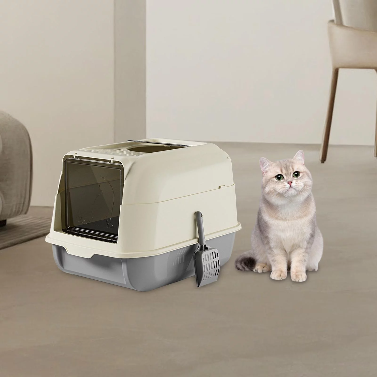 Cat Litter Box with Lid Front Entry Top Exit with Scooper Enclosed Cat Potty Gray