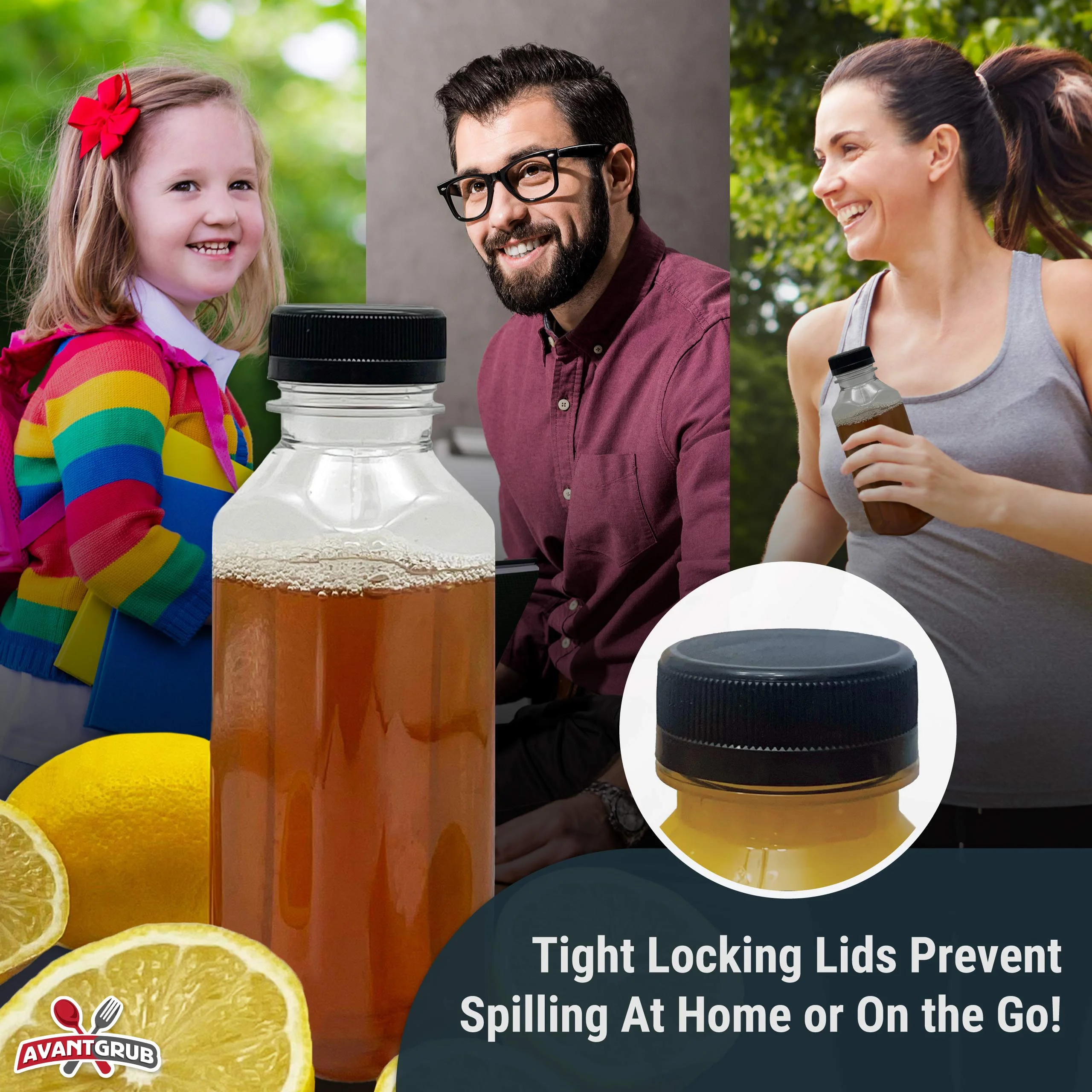 Avant Grub 16.9 fl oz Clear Reusable, Empty Plastic Juice Bottles with Lids, 10 Pack