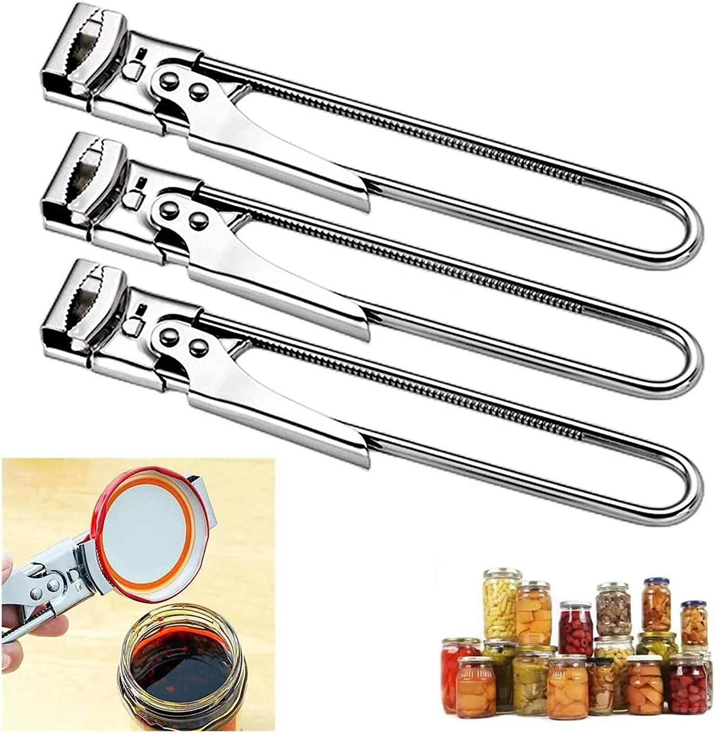 Adjustable Multifunctional Stainless Steel Can Opener, Jar Opener for Weak Hands Remover Tin Gripper Easily Opens, Longer Handheld Bottle Opener for Any-Size lids (3pcs, 7.68 inch)