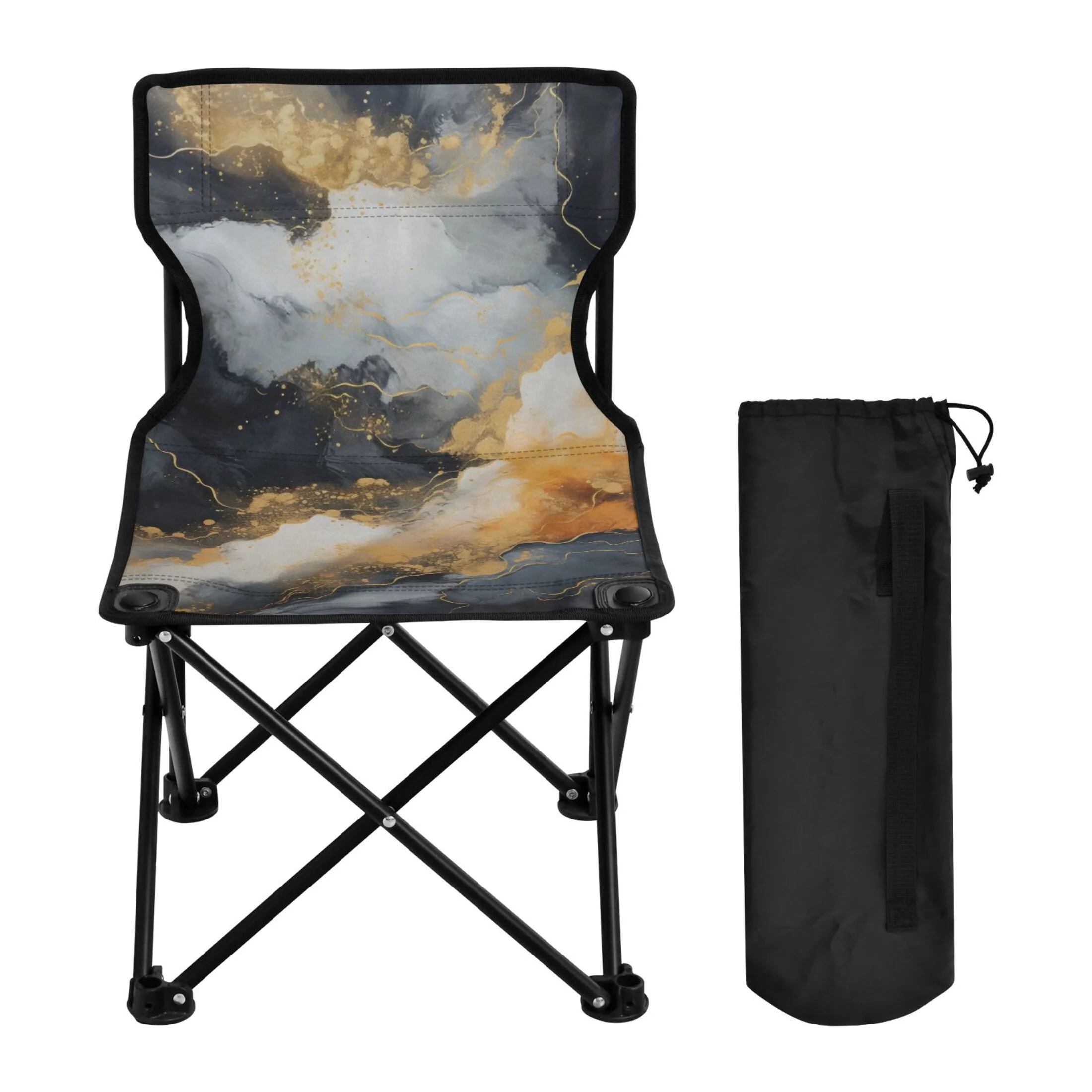 Golden Black Marble Portable Camping Chair Outdoor Folding Beach Chair Fishing Chair Lawn Chair with Carry Bag Support to 220LBS