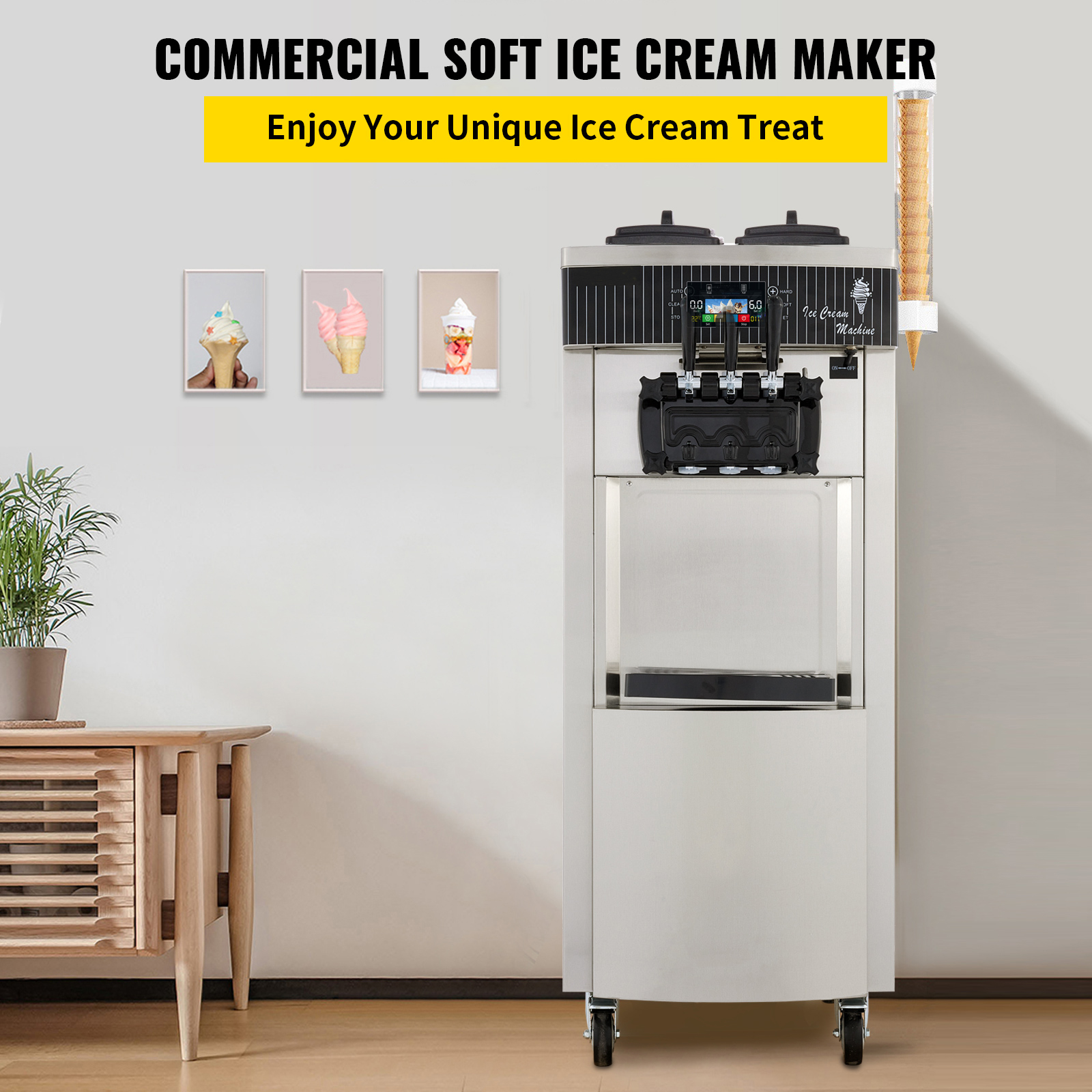 SKYSHALO 2200W Commercial Soft Ice Cream Maker 3 Flavors 5.3 to 7.4 Gallon/Hour Self-Cleaning LED Panel Ideal for Restaurants, Snack Bars, Supermarkets 2200W