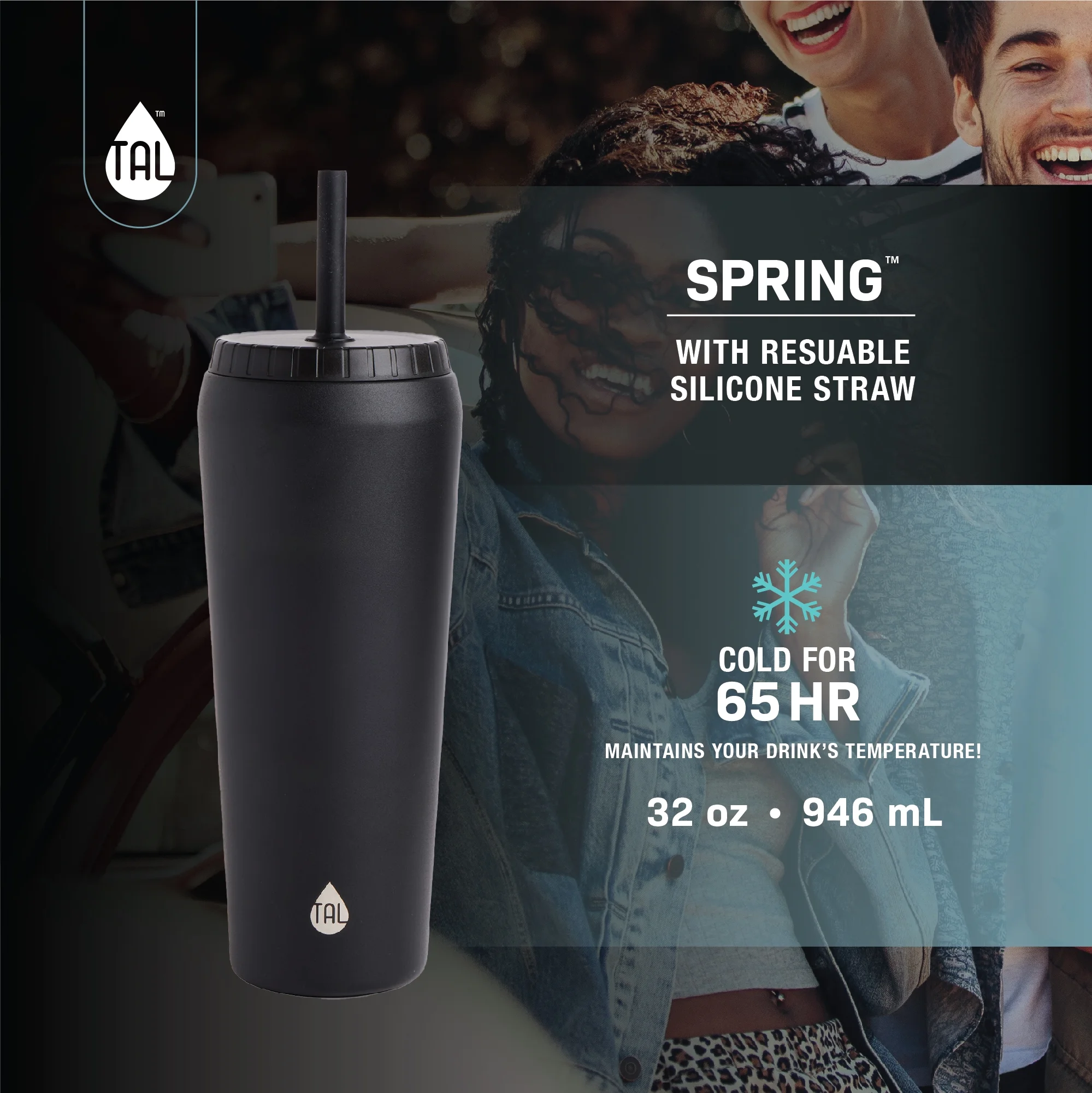 TAL Stainless Steel Spring Tumbler with Straw 32 oz, Black