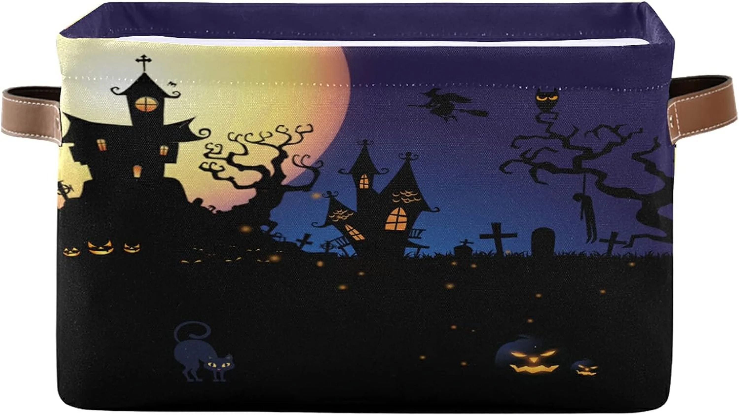Wellsay Halloween Castle Moon Cat Storage Bin for Toy Storage Basket Dirty Clothes Sundries Office Home Closet Organizer Shelf Cube Box Waterproof Laundry Basket