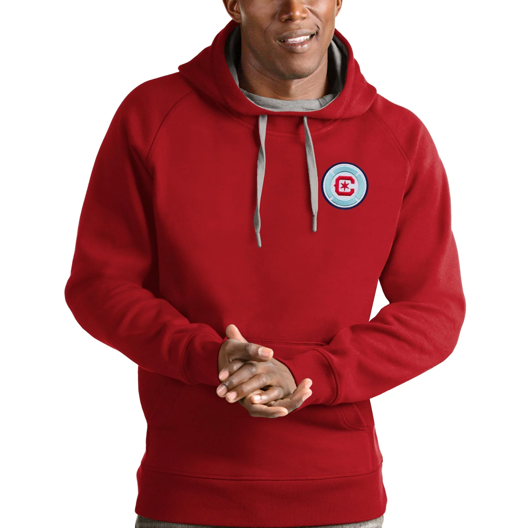 Men's Antigua Red Chicago Fire Logo Victory Pullover Hoodie