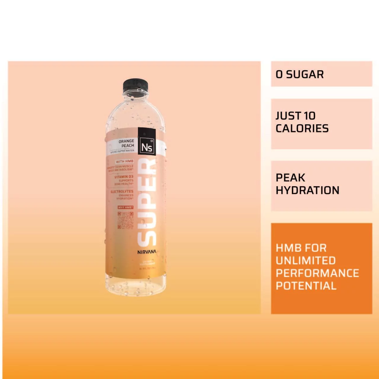 Nirvana Super™ Water - Orange Peach - HMB Infused Beverage, Natural Spring Water, Pure Hydration + Muscle and Bone Support, 16.9 Fl oz bottles (12 Pack)