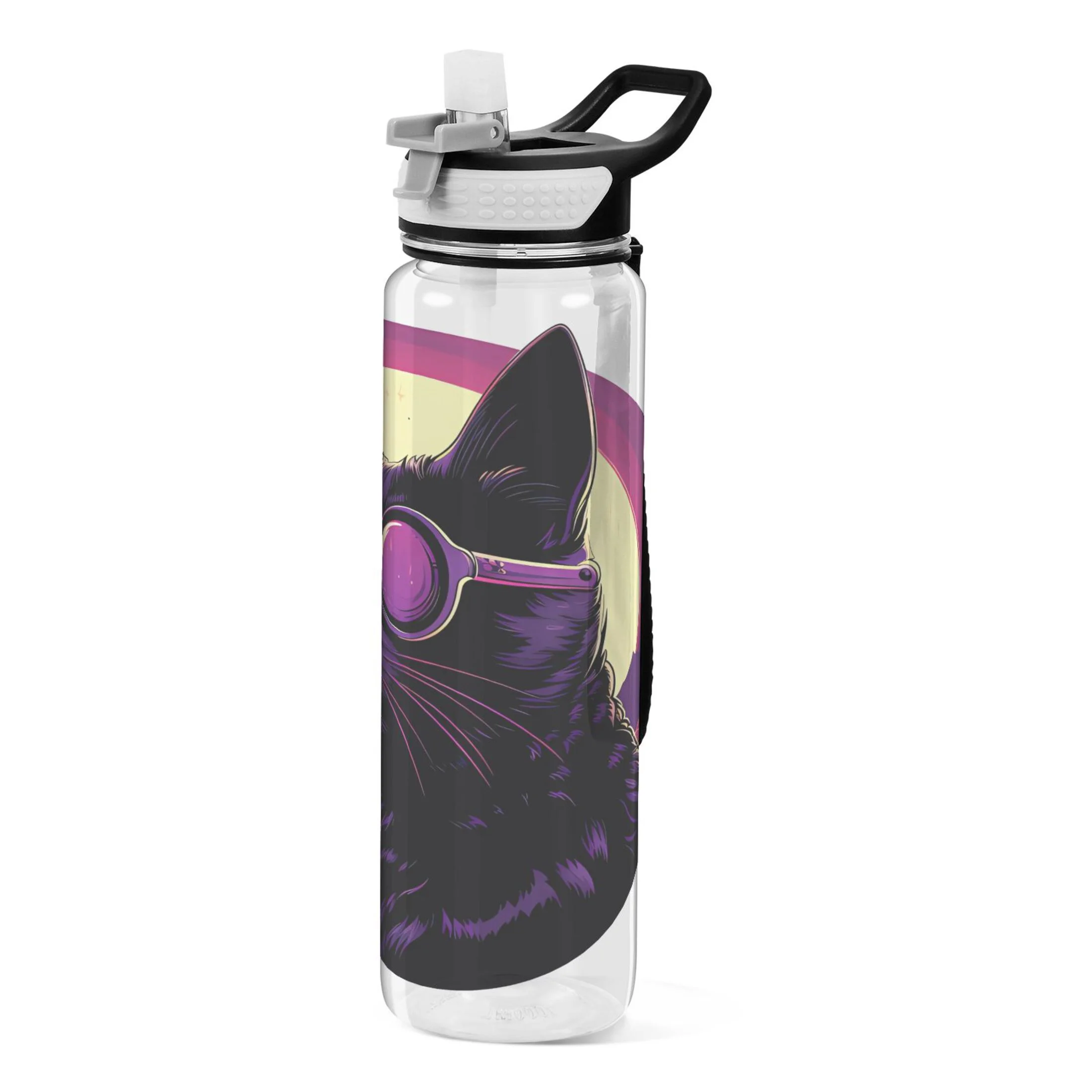 Cat with Glasses Cool 32oz Water Bottles with Straw Tritan Leakproof Sports Bottle BPA Free Clear for Fitness Gym Swimming Cycling