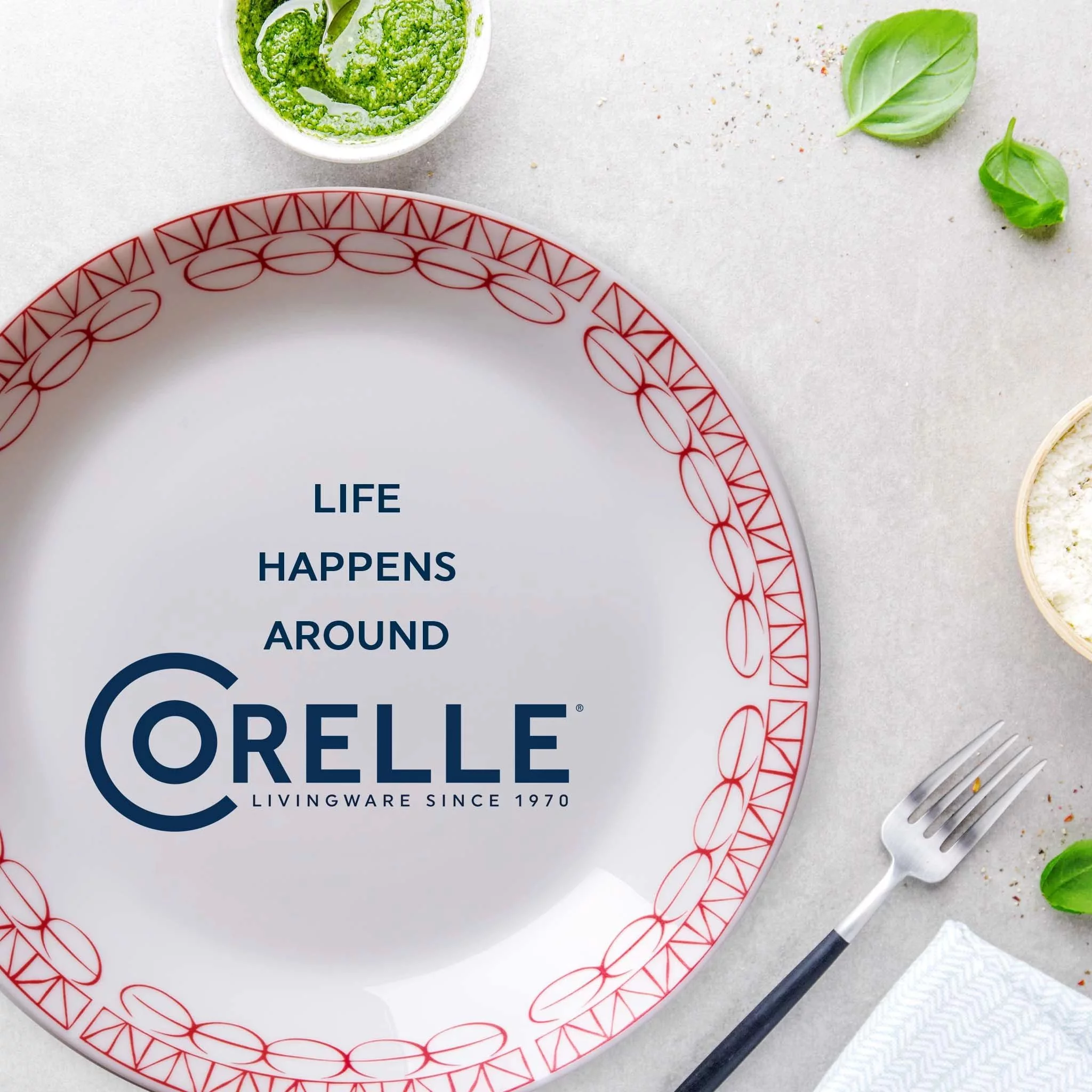 Corelle Graphic Stitch 4-Piece Set of 7.5-Inch Salad Plates, Service for 4, Red and White Plates