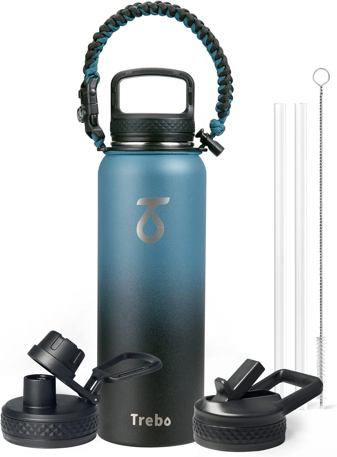 Water Bottle 40oz with Paracord Handle,Food-grade Double Wall Vacuum Stainless Steel Insulated Jug with Straw Spout Handle Lids, Large Sports Flask Keep Cold & Hot, Ombre: Indigo/Black