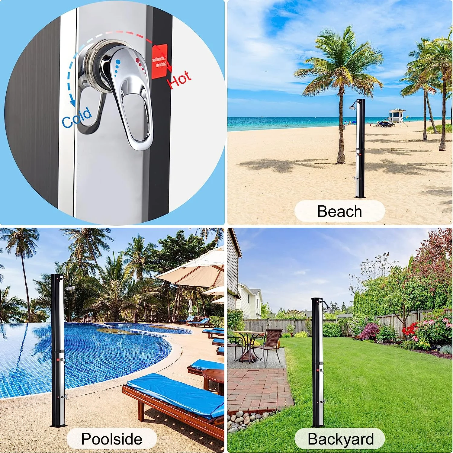 SURESTOVE Outdoor Solar Shower 16 Gallon Solar Heated Outdoor Shower with Rain Shower & Foot Shower for Outdoor Backyard Garden Pool Beach, Stainless Steel Mirrored & PVC