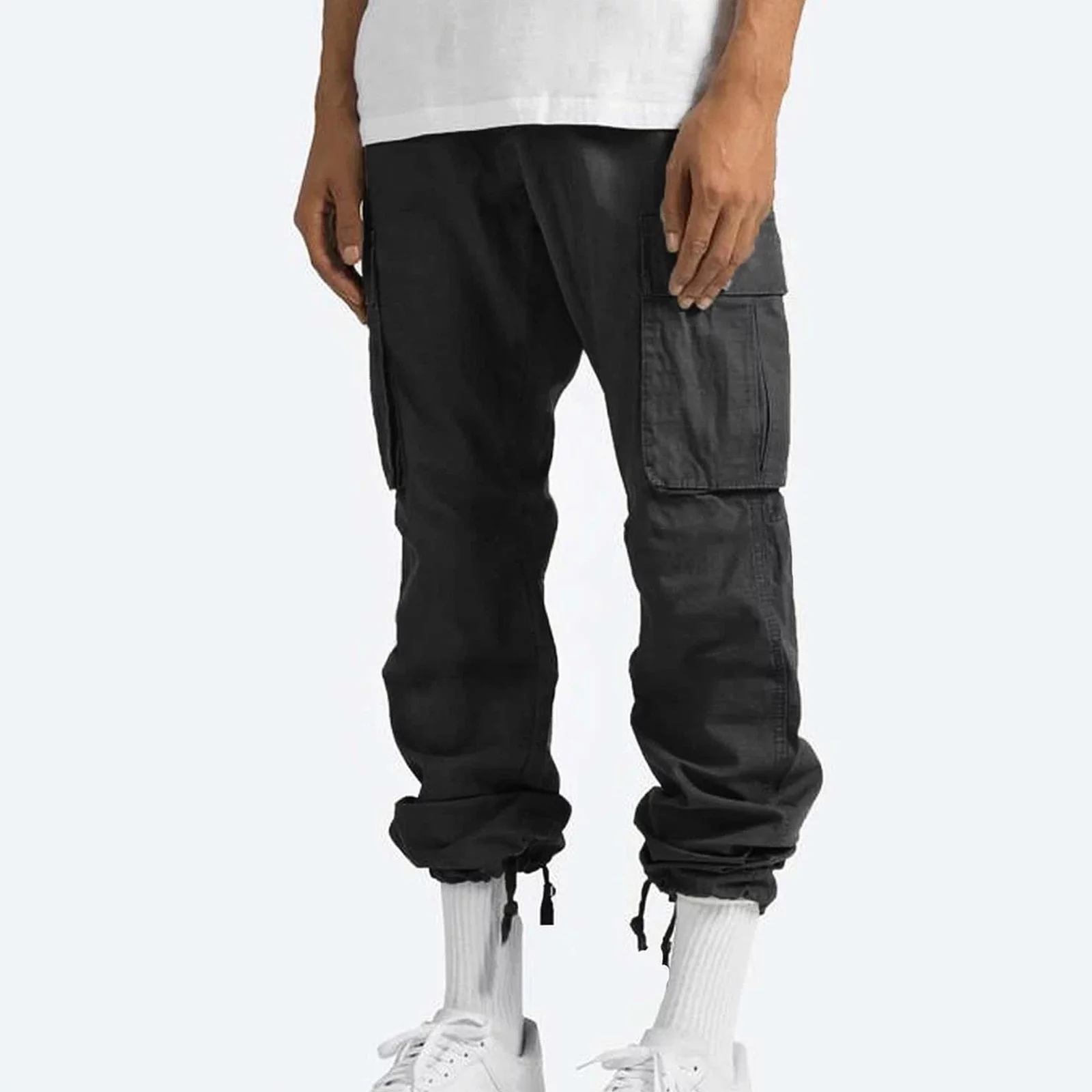 Mens Military Drawstring Pockets Cargo Trousers Elastic Waisted Relaxed Fit Pant