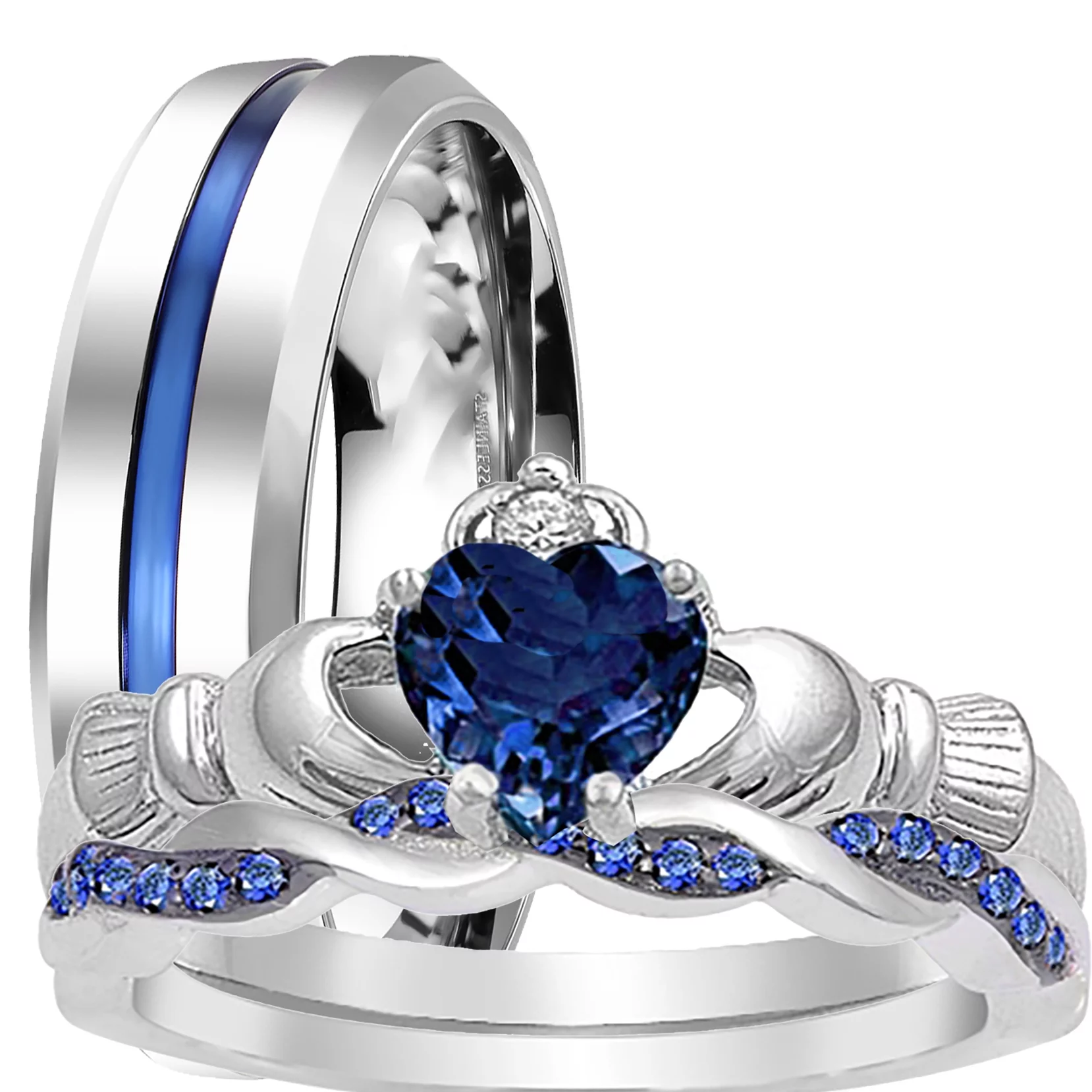 His and Hers 3 Piece Trio Sterling Silver Thin Blue Line Wedding Band Engagement Ring Set 12/7