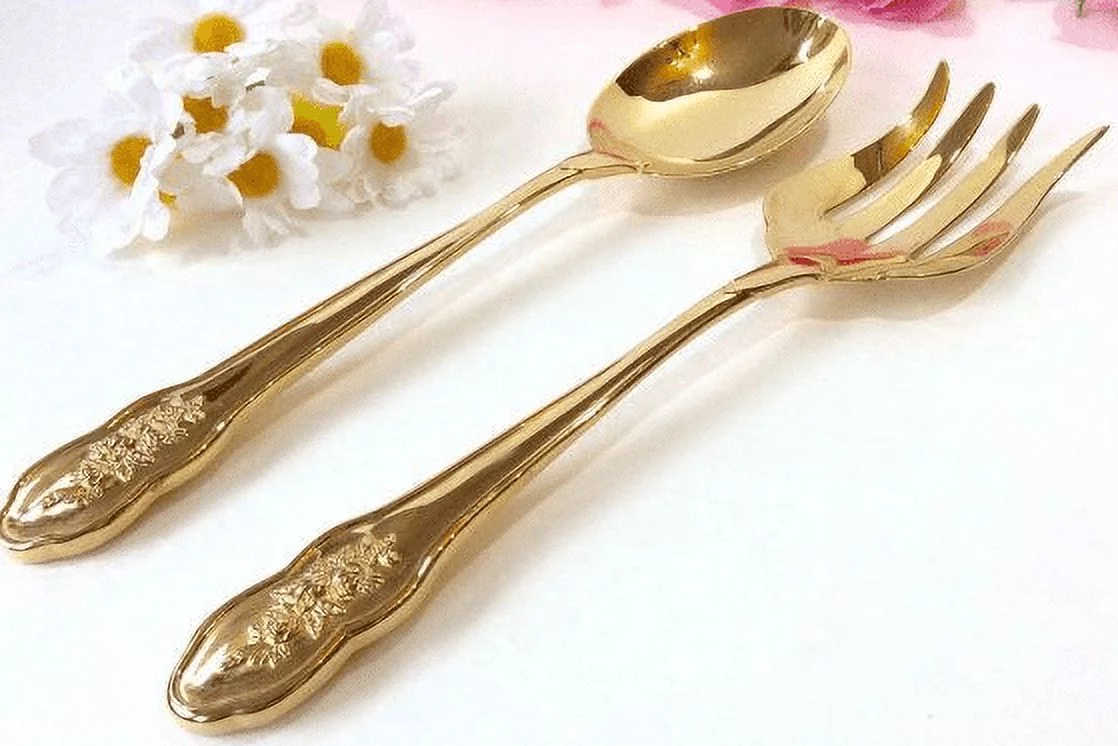 Vintage Royal Doulton Old Country Roses Serving Fork & Spoon set in Gold
