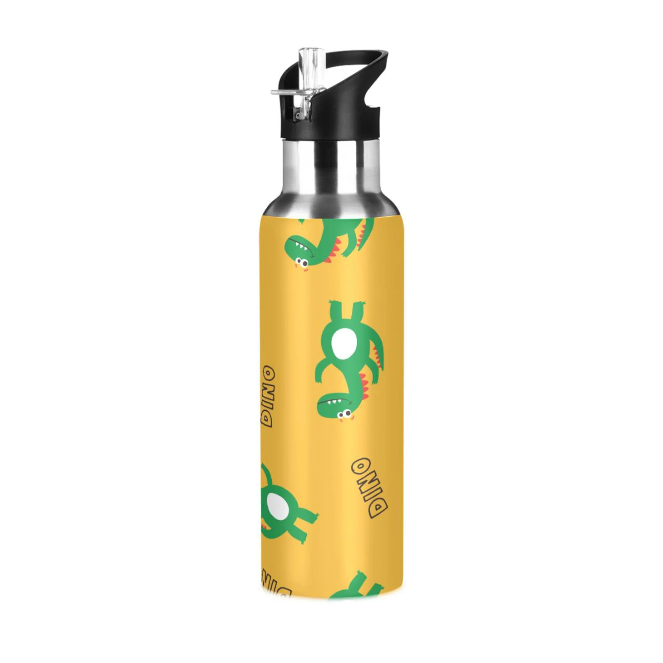Water Bottle with Straw Lid Leak Dinosaur Yellow Stainless Steel Insulated Thermos Vacuum Flask for Cold Hot Drinking for Sports Camping Gym Yoga