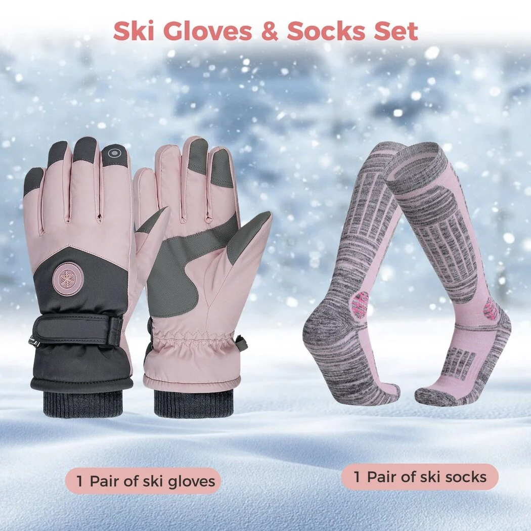 Ski Gloves& Ski Socks Set for Women, Warm Waterproof Anti-Skid Touchscreen Gloves, Thick Thermal Socks for Winter Skiing, Cycling, Hiking