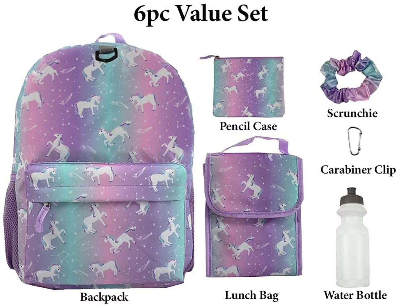 Ralme Unicorn Girls Backpack with Lunch Box and Water Bottle 6 Piece Set 16 inch