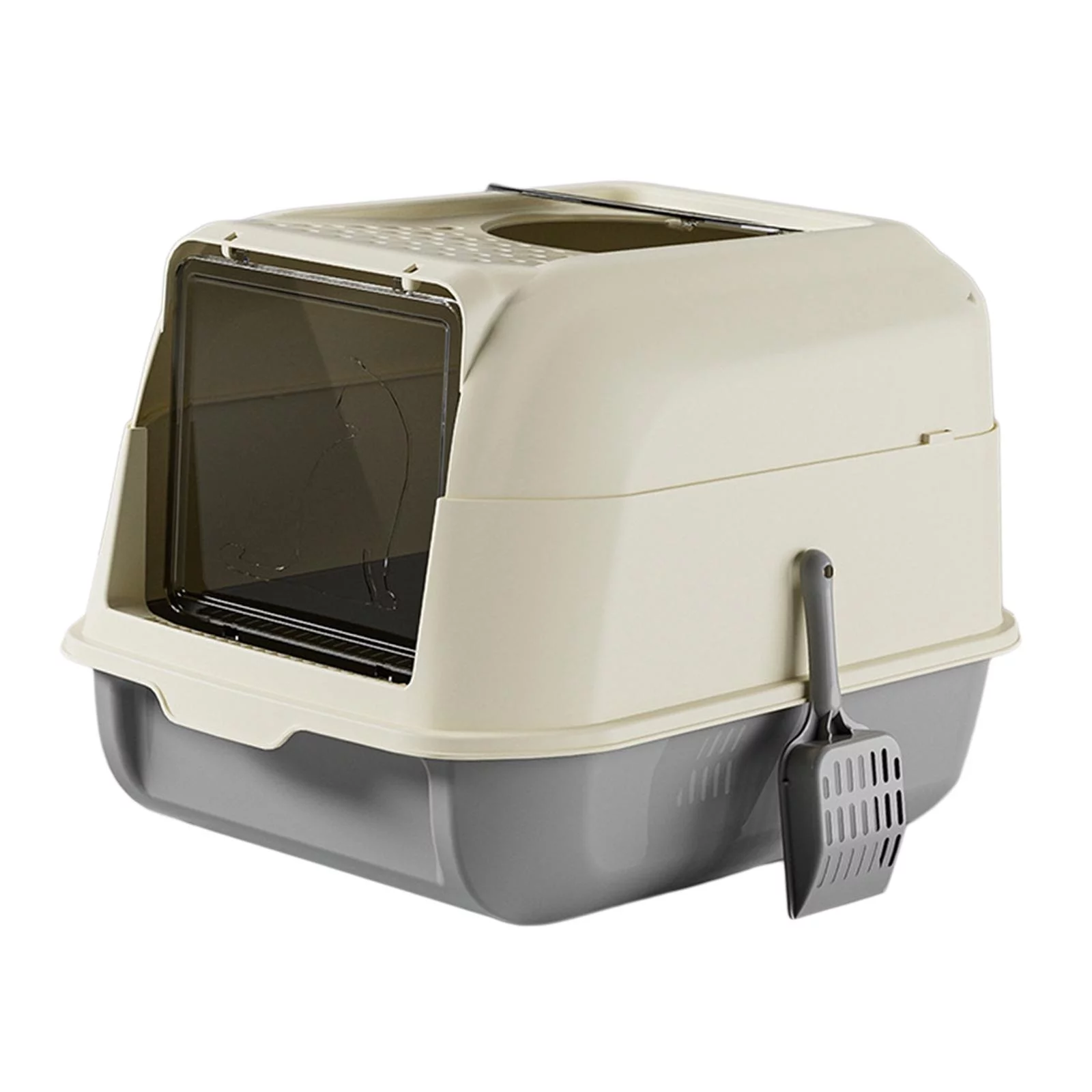 Cat Litter Box with Lid Front Entry Top Exit with Scooper Enclosed Cat Potty Gray