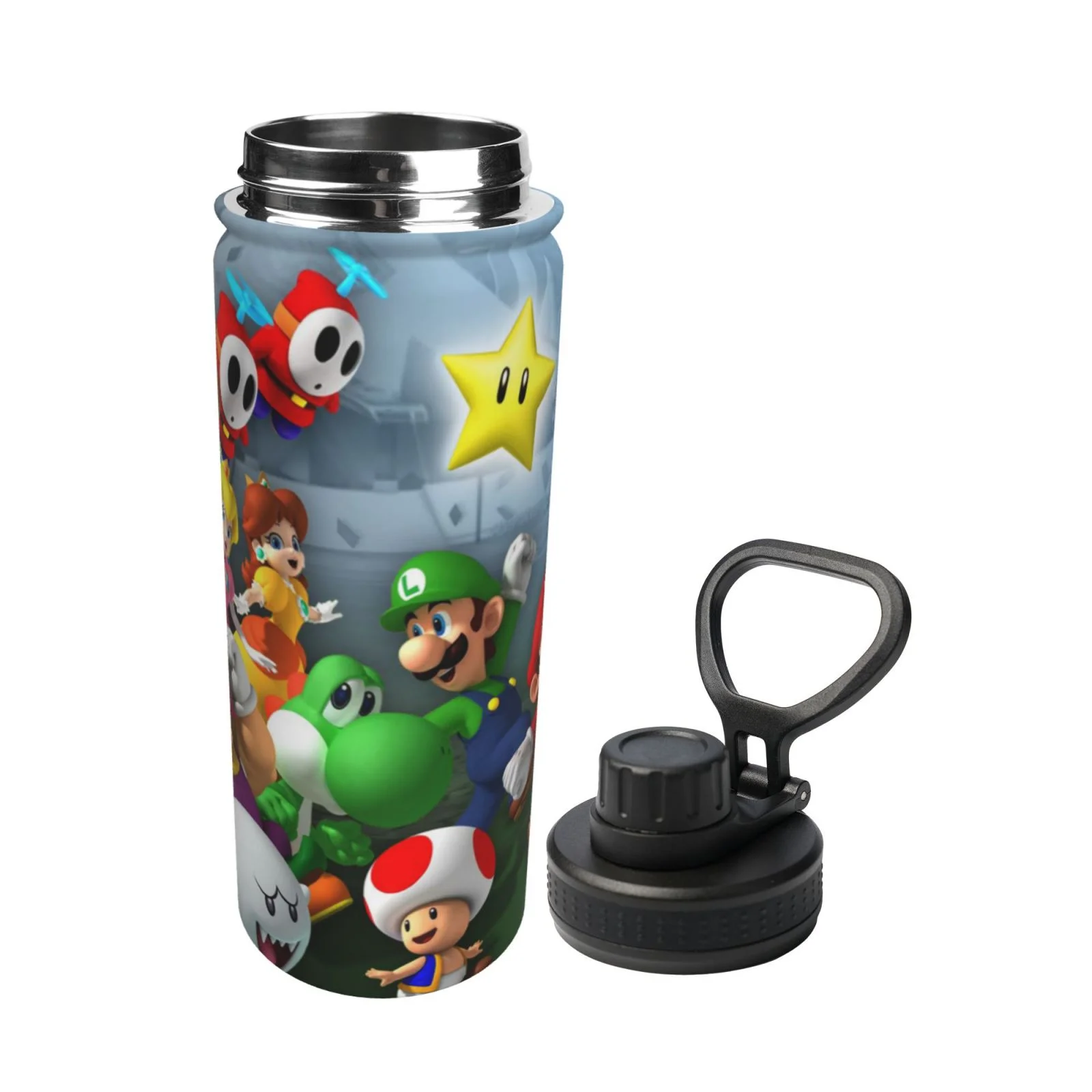 Super Mario Bros Game Unisex Sports Insulated Water Bottles Kettle Stainless Steel Portable Cup 18OZ For School Travel Gym Running