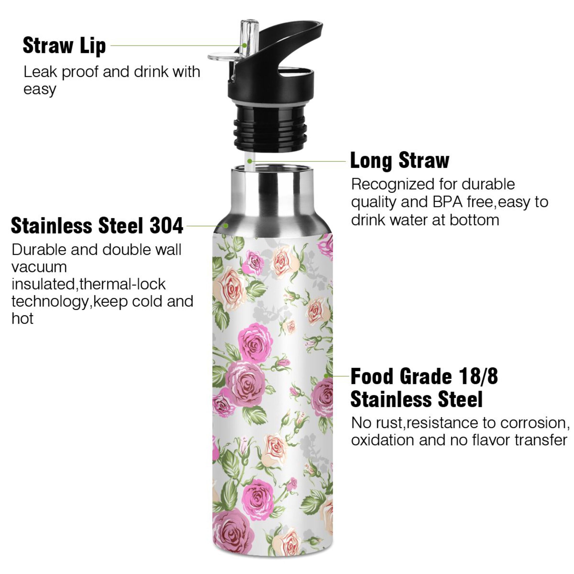 Pink Rose Green Leaves Water Bottles Insulated Thermos Kids Stainless Steel Bottle with Straw Lid Flask Leakproof for Sports Gym 20 oz