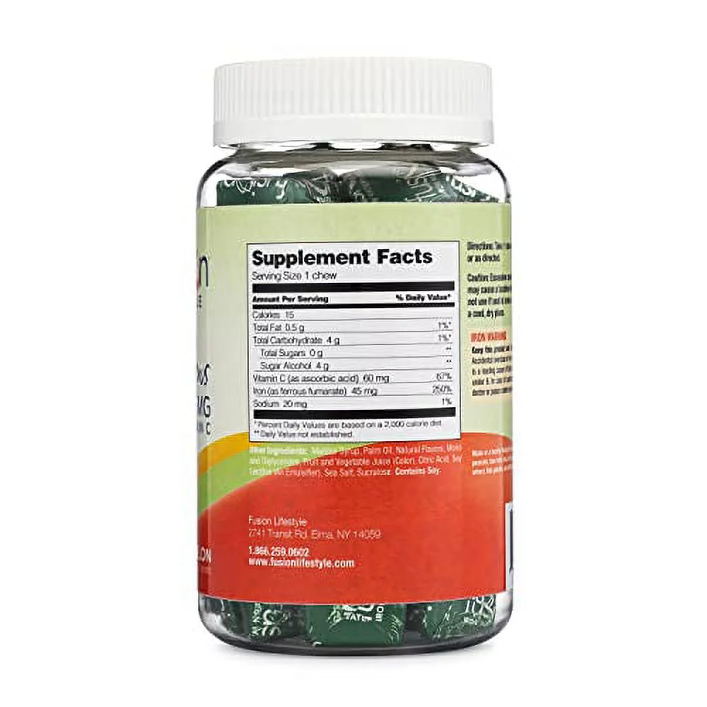 Fusion Lifestyle Iron Supplement for Women and Men, Watermelon Flavored Iron Soft Chew Plus Vitamin C for Iron Deficiency and Anemia, 1 Month Supply, 30 Count