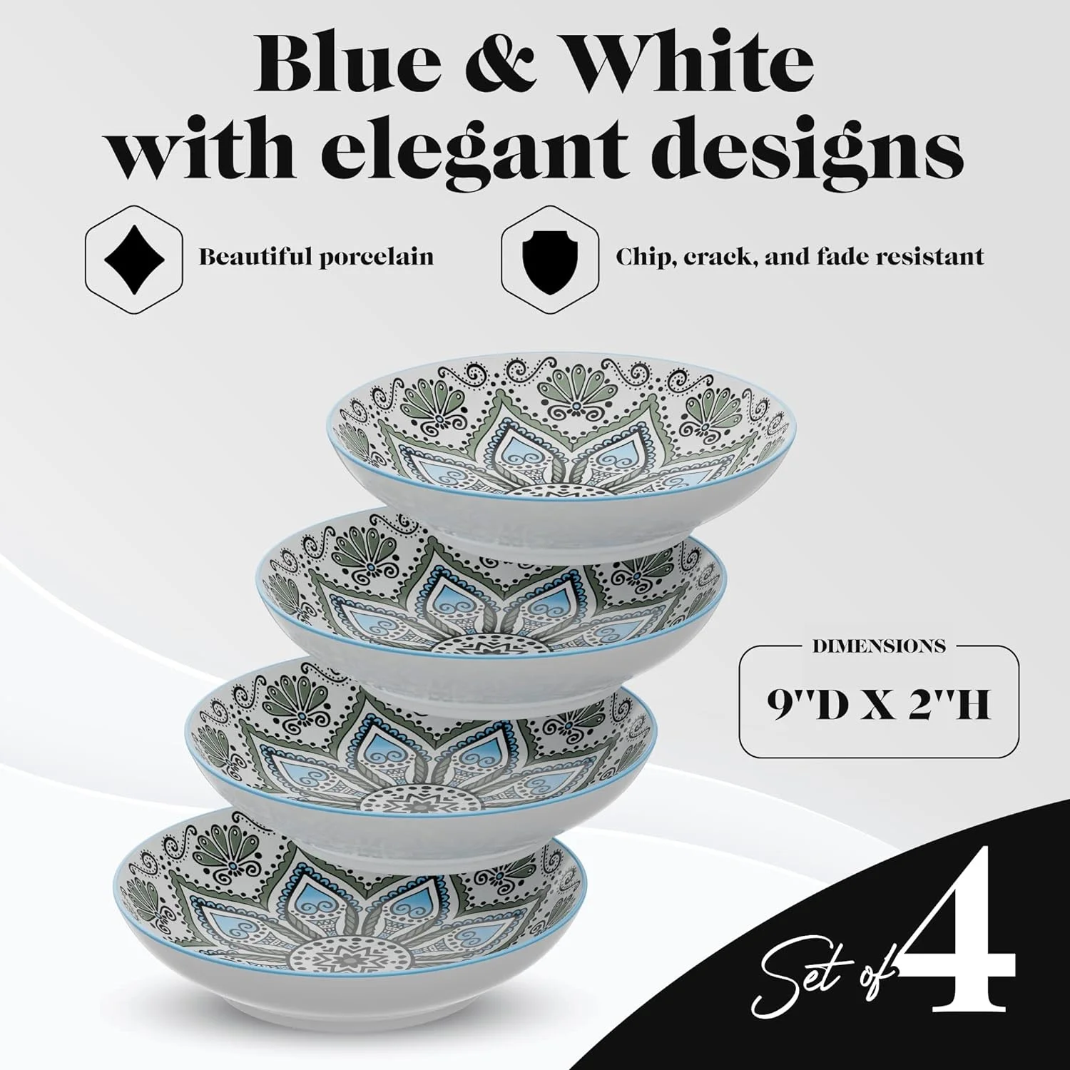 Pasa Bowls | Se Of 4 | Large, 9-Inch, Dinner Serving Plaes | Wide And Shallow Bowls Se For Pasa, Salad, Soup, Spaghei, Sews, Or Cereal | Medallion Moif (Blue & Whie)