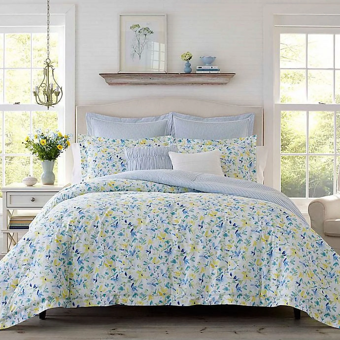 Laura Ashley Comforter Set Reversible Cotton Bedding, Includes Matching Shams with Bonus Euro Shams & Throw Pillows, King, Nora Blue/Yellow/Green/White King Nora Blue/Yellow/Green/White