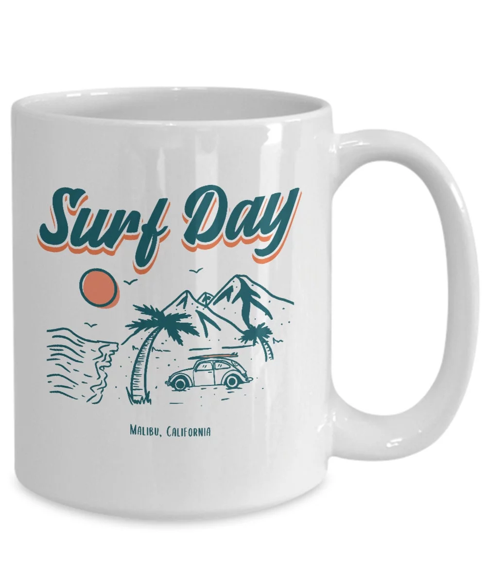 Vintage Surf Day Mountains Malibu Beach California White Gift coffee mug