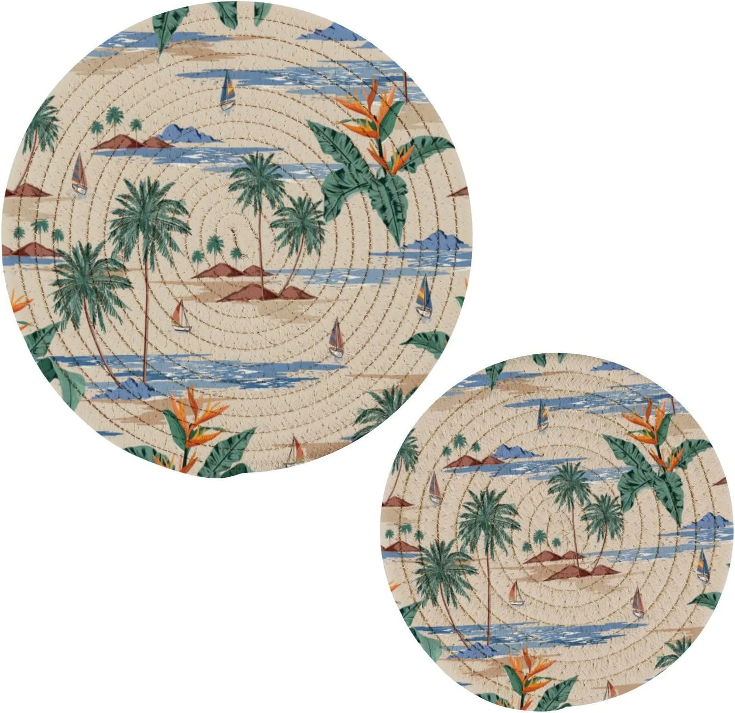 SKYSONIC Pot Holders Trivets set, 2 Pcs,Palm Tree Ocean Potholders for Kitchen Thread Weave Trivets for Hot Dishes/Pot/Bowl/Teapot/Hot Pot Holders