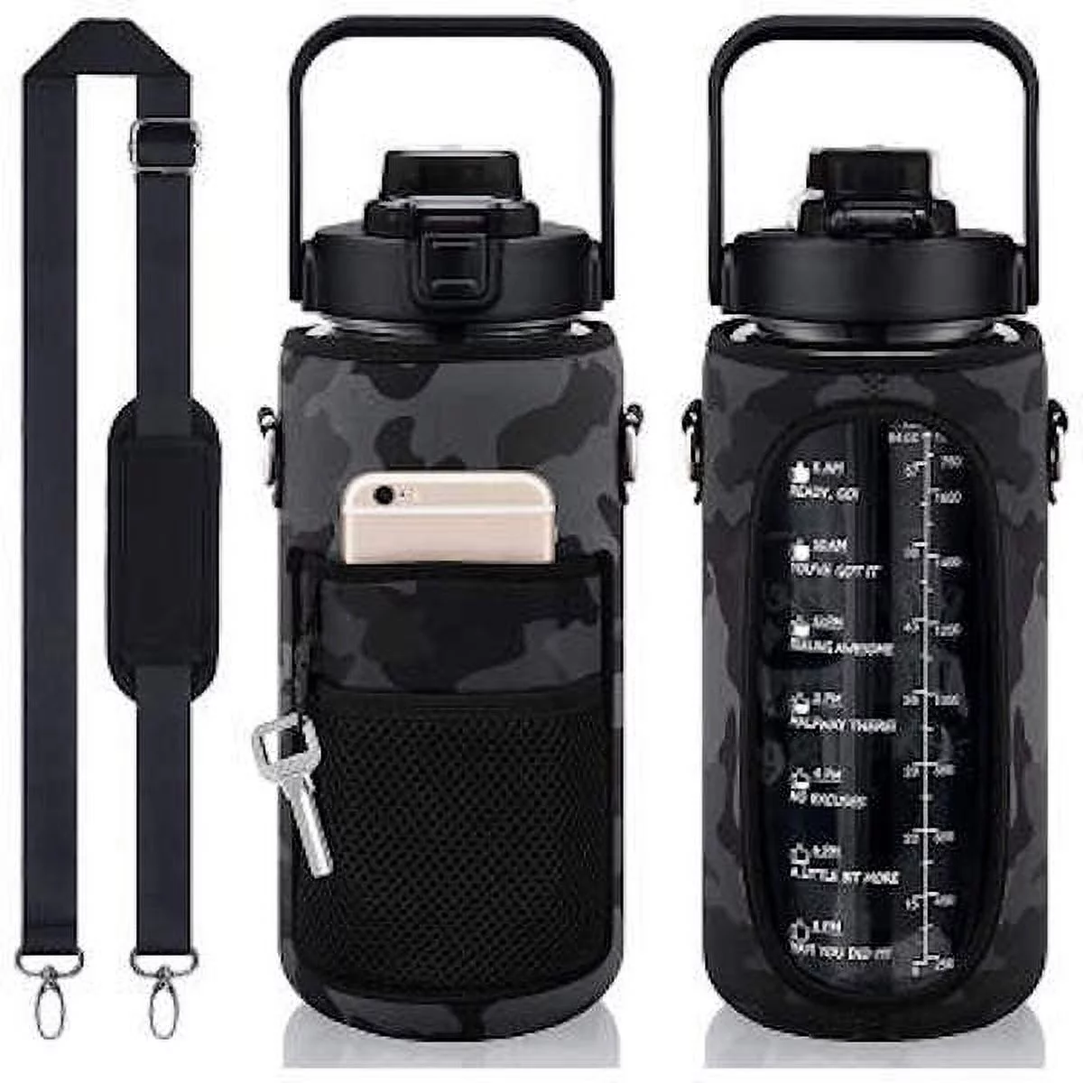 Motivational Half Gallon Water Bottle with Sleeve and Carrying Strap BC