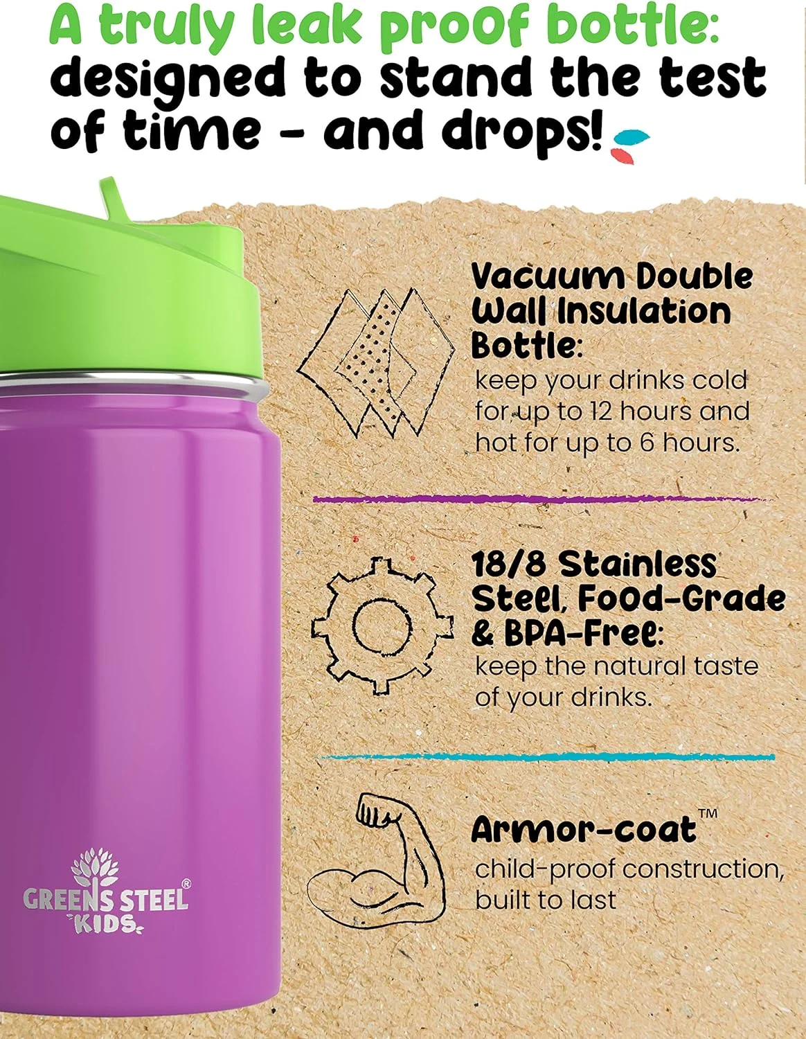 Kids Water Bottle - 12oz Purple | Leak Proof With Straw & Handle | 24 Hours Cold | Insulated, Double Wall Stainless Steel | Easy Sip Toddler Cup | Child's Flask | Eco Friendly