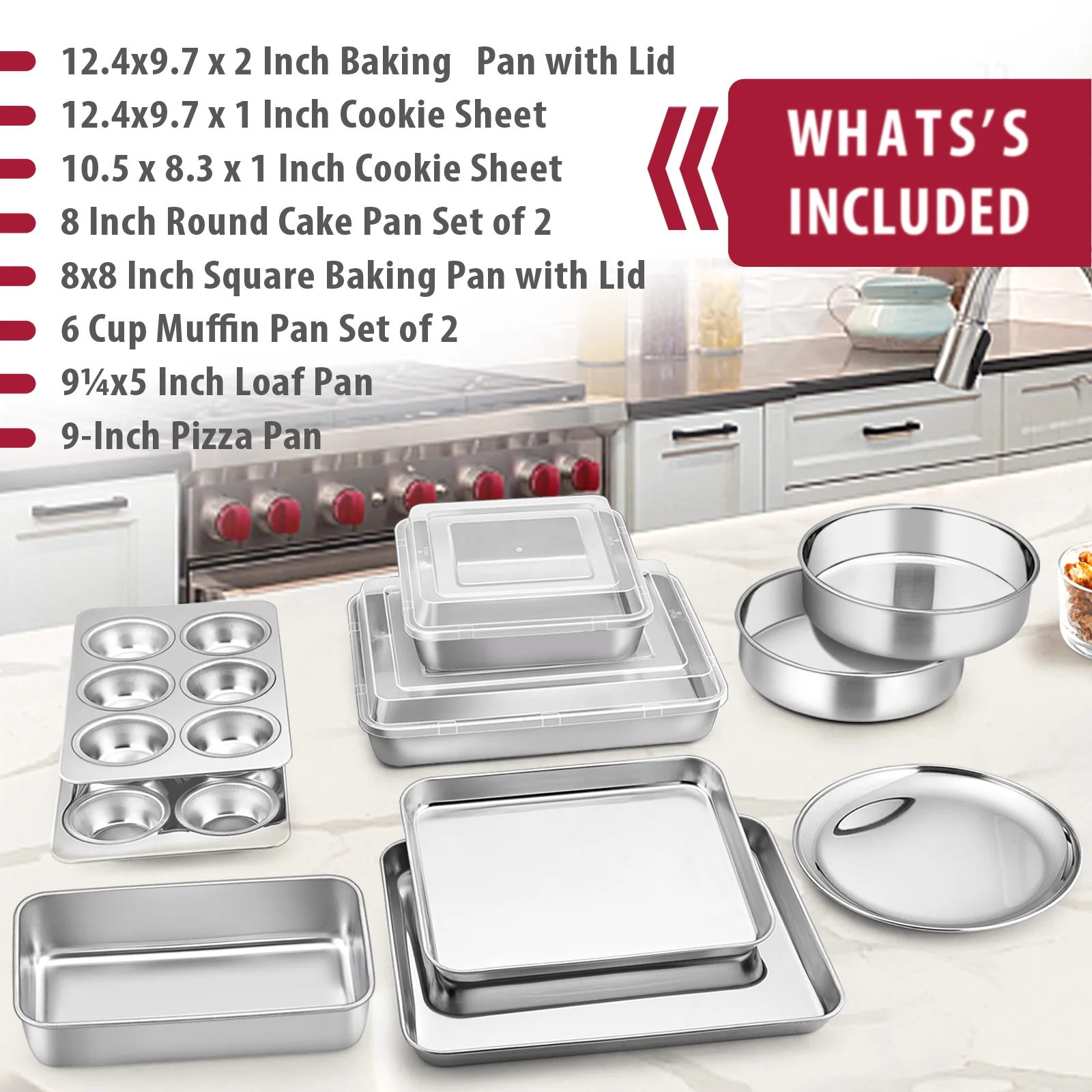 Vesteel 12 Piece Stainless Steel Bakeware Sets, Metal Baking Pan Tray Set, Non-Toxic & Dishwasher Safe - Silver
