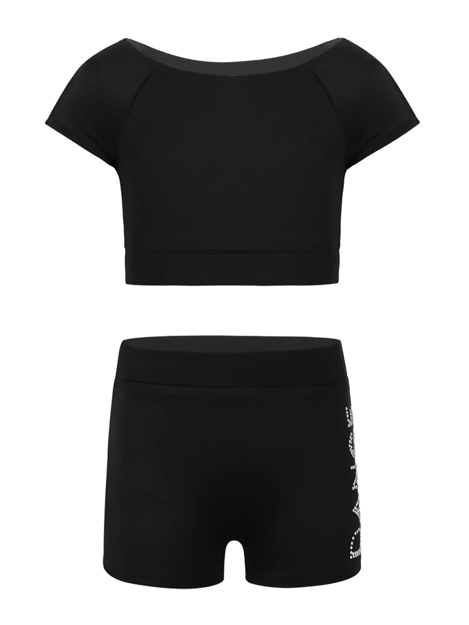 iiniim Kids Girls Two Piece Sports Active Outfits Short Sleeves Tops with Bottoms Set Gymnastic Dancewear Size 3-14 A Black 12-14