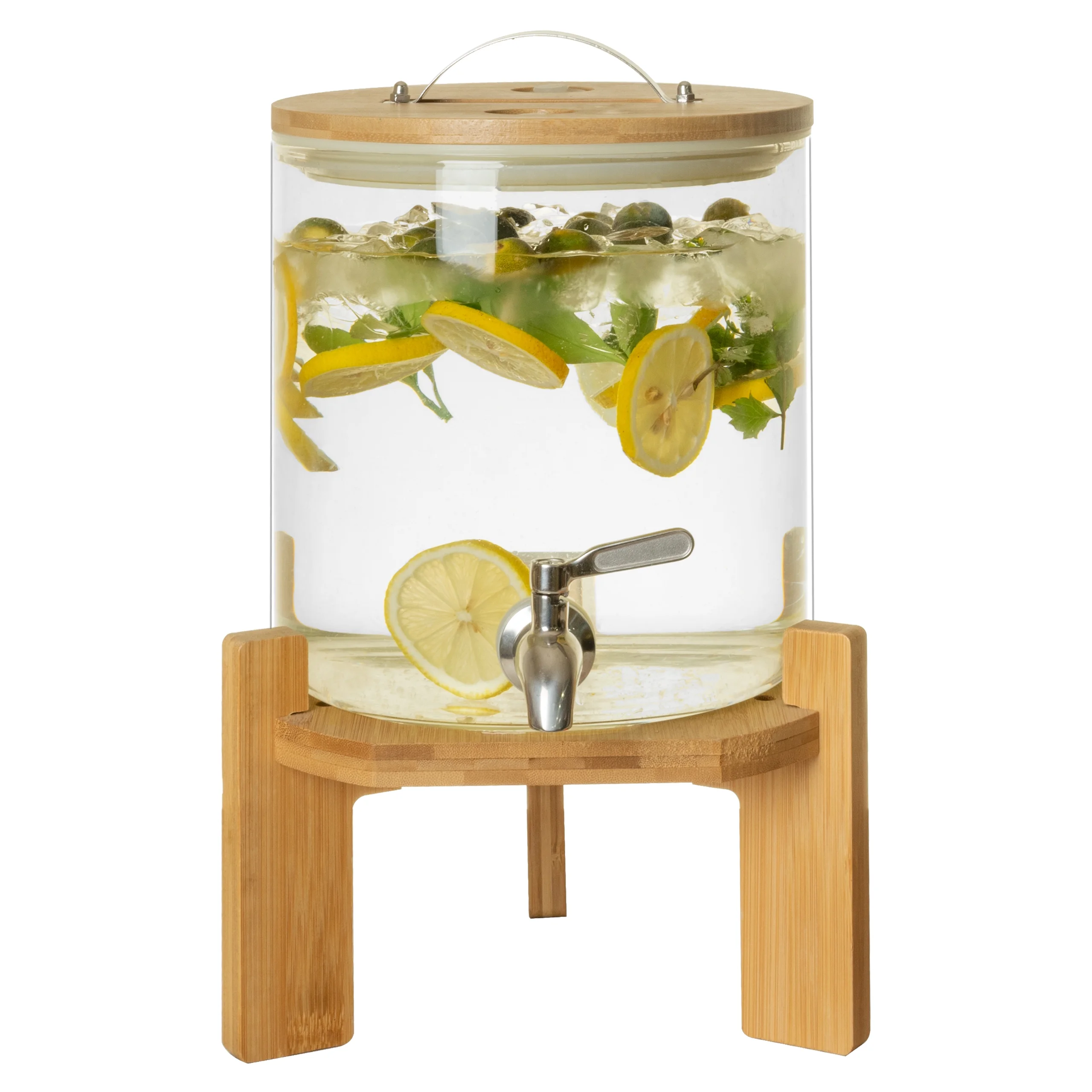 L'ÉPICÉA 5L Glass Drink Dispenser with Stand,Beverage Dispenser with Wooden Stand, Stainless Spigot