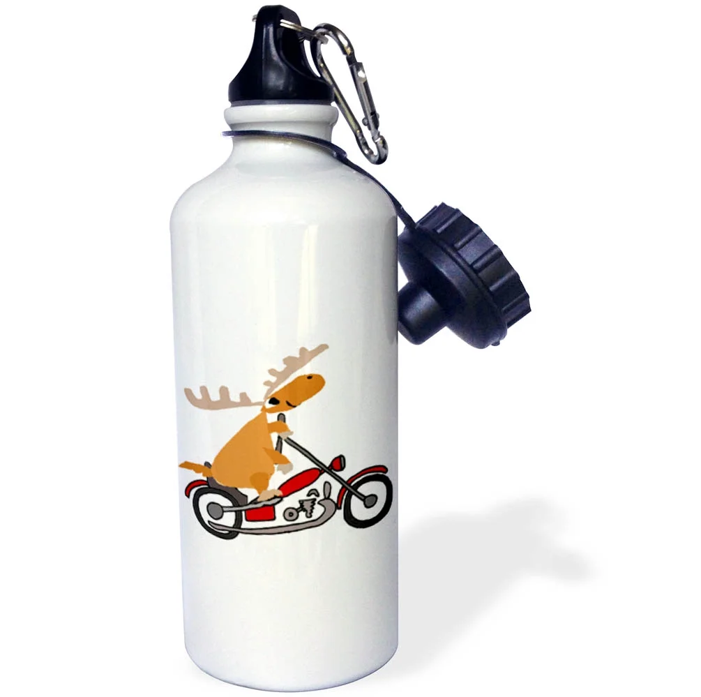 3dRose Funny Cute Moose Riding Red Motorcycle - Water Bottle, 21-ounce