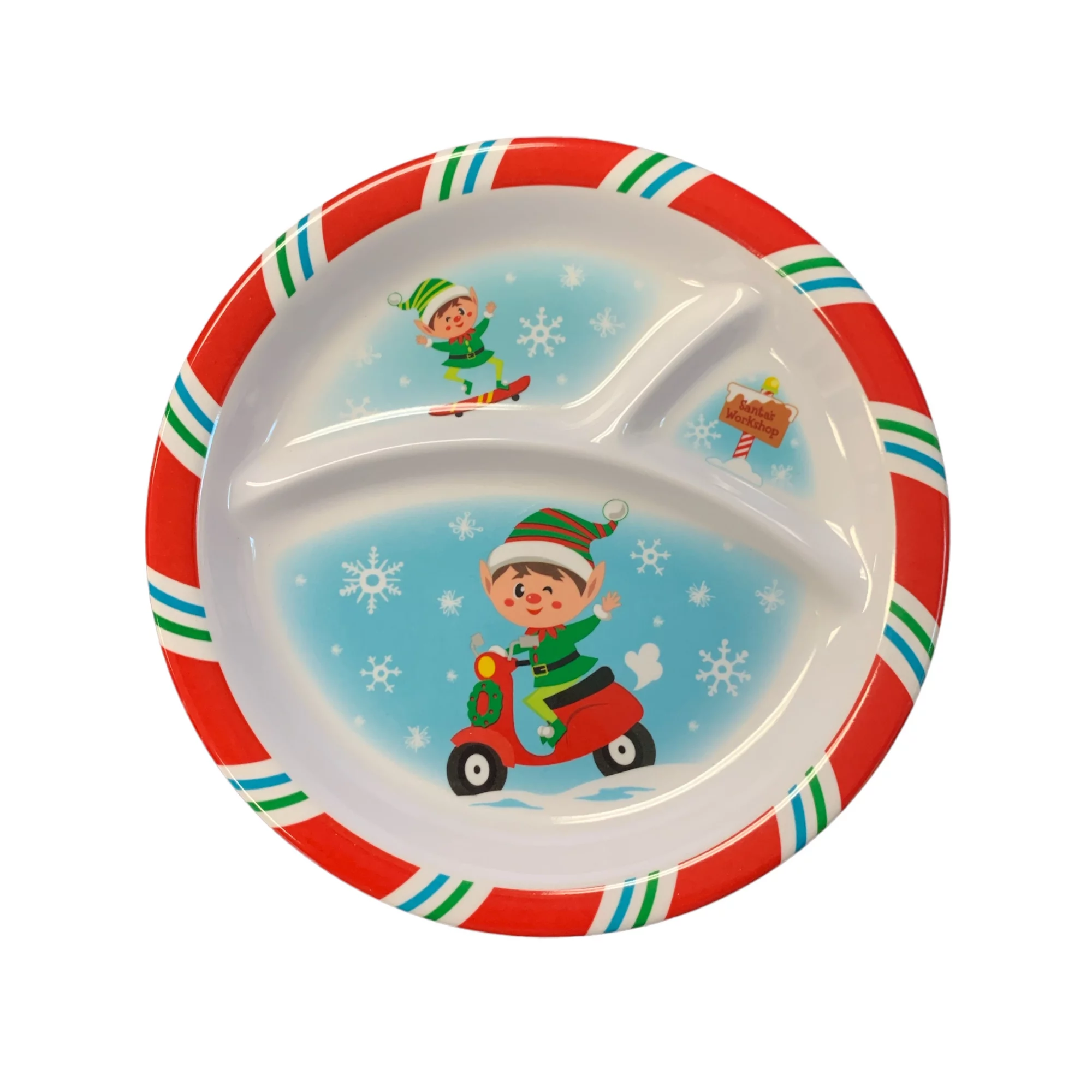 Christmas Melamine for Kids 3 Section Divided Dish Plates Bowls Christmas Plates, Dinnerware Set, Picky Eater Plates Santa Elf Truck Scooter (4 Pc Set)