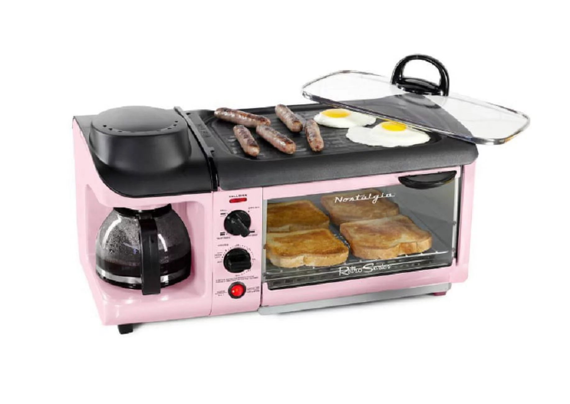 Nostalgia BST3PK Pink Electric Multi-Cooker with Toaster, Coffee Maker and Griddle