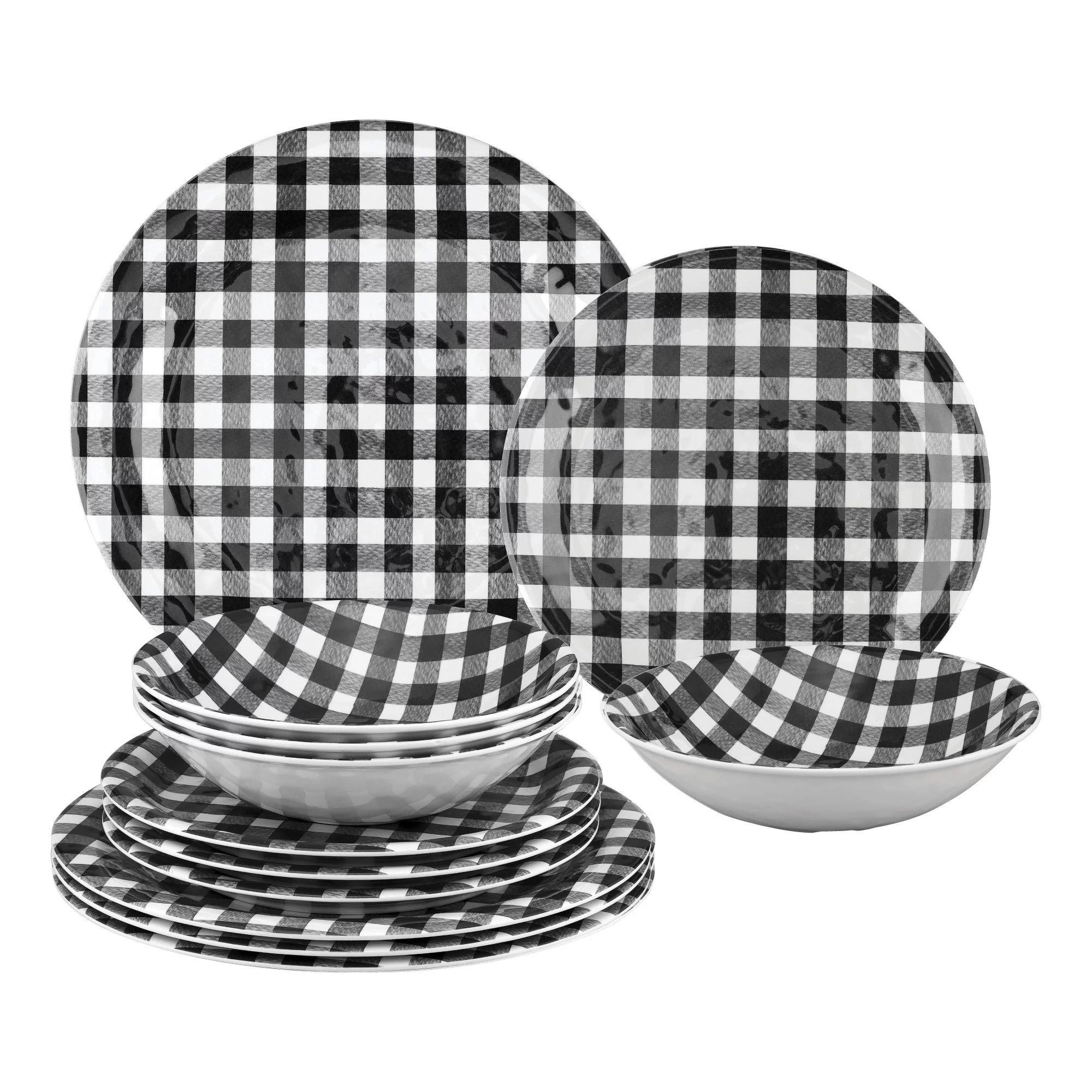 Gourmet Art 12-Piece Melamine Dinnerware Set, Includes Dinner Plates, Salad Plates, Bowls, Service for 4. (Black Gingham)
