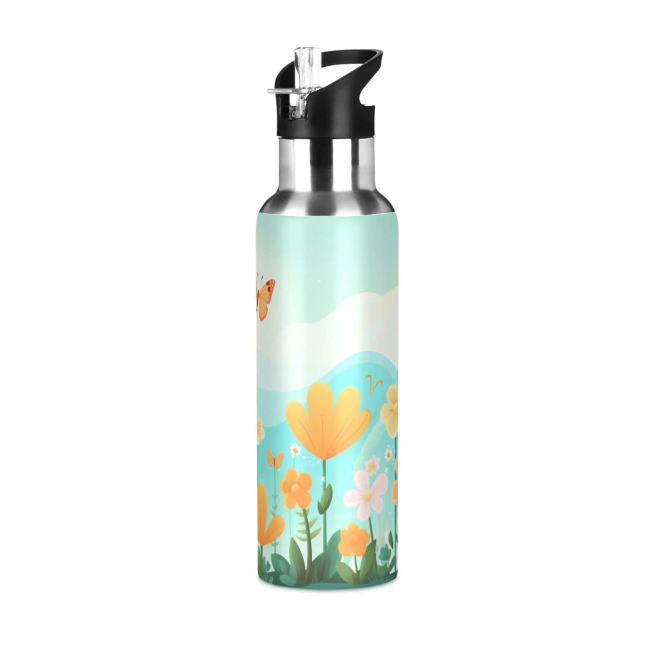 Butterfly in Flower Water Bottles Insulated Thermos Kids Stainless Steel Bottle with Straw Lid Flask Leakproof for Sports Gym 20 oz