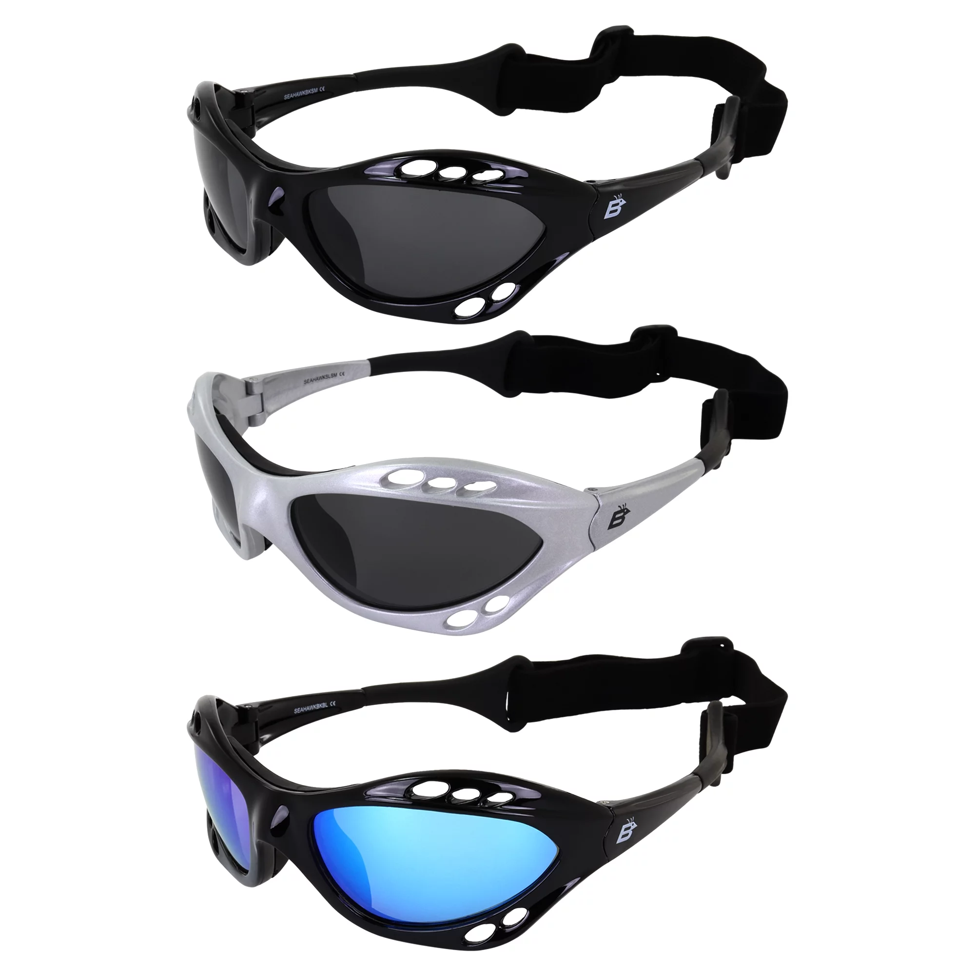 3 Pairs Birdz Seahawk Padded Polarized Sunglasses w/Strap Water Sports Surfing Kayaking Jetski Silver & Black Frames w/Smoke Lenses & Black Frame w/ Green Mirror Lenses