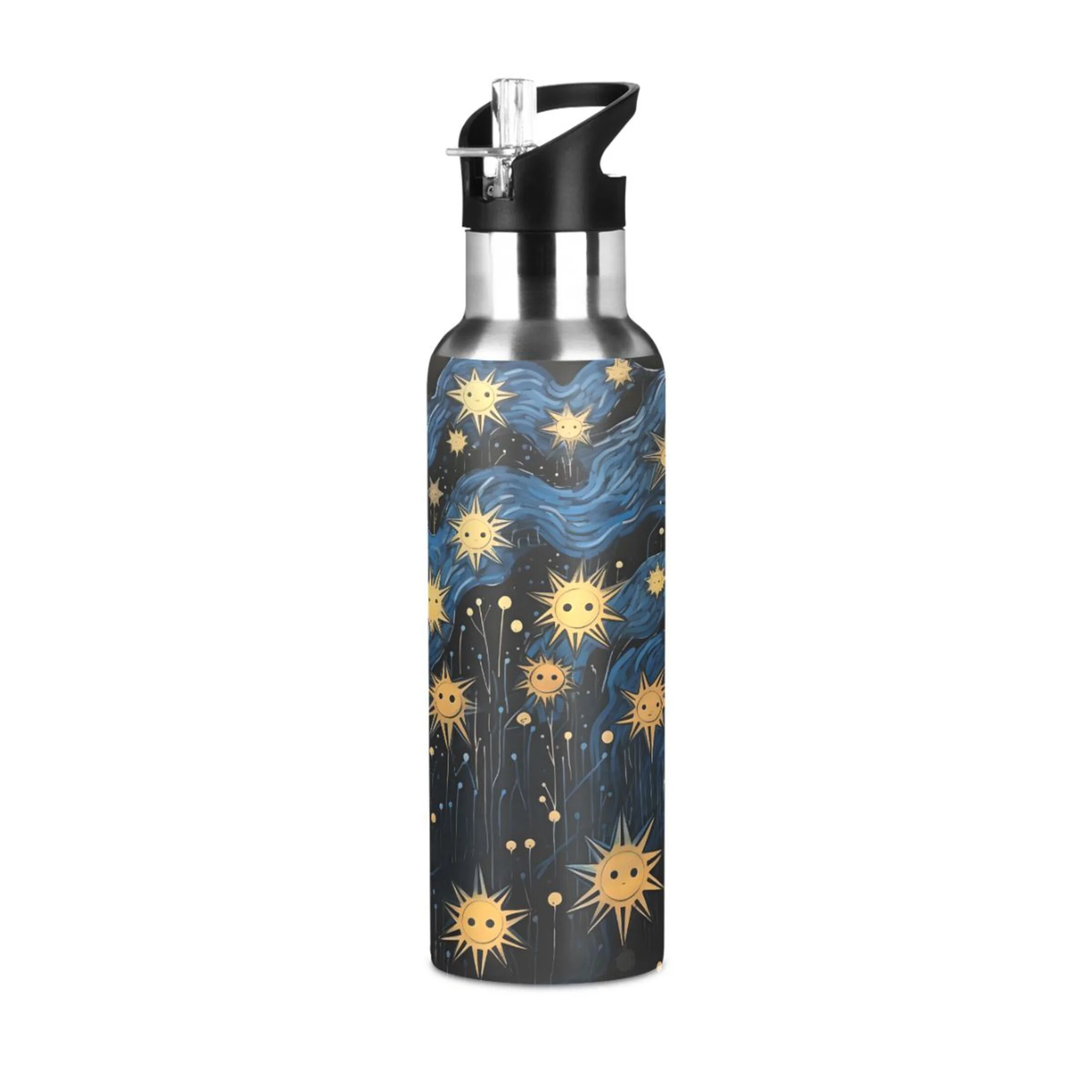 Water Bottle with Straw Lid Leak Cute Sunflowers on Blue Stainless Steel Insulated Thermos Vacuum Flask for Cold Hot Drinking for Sports Camping Gym Yoga