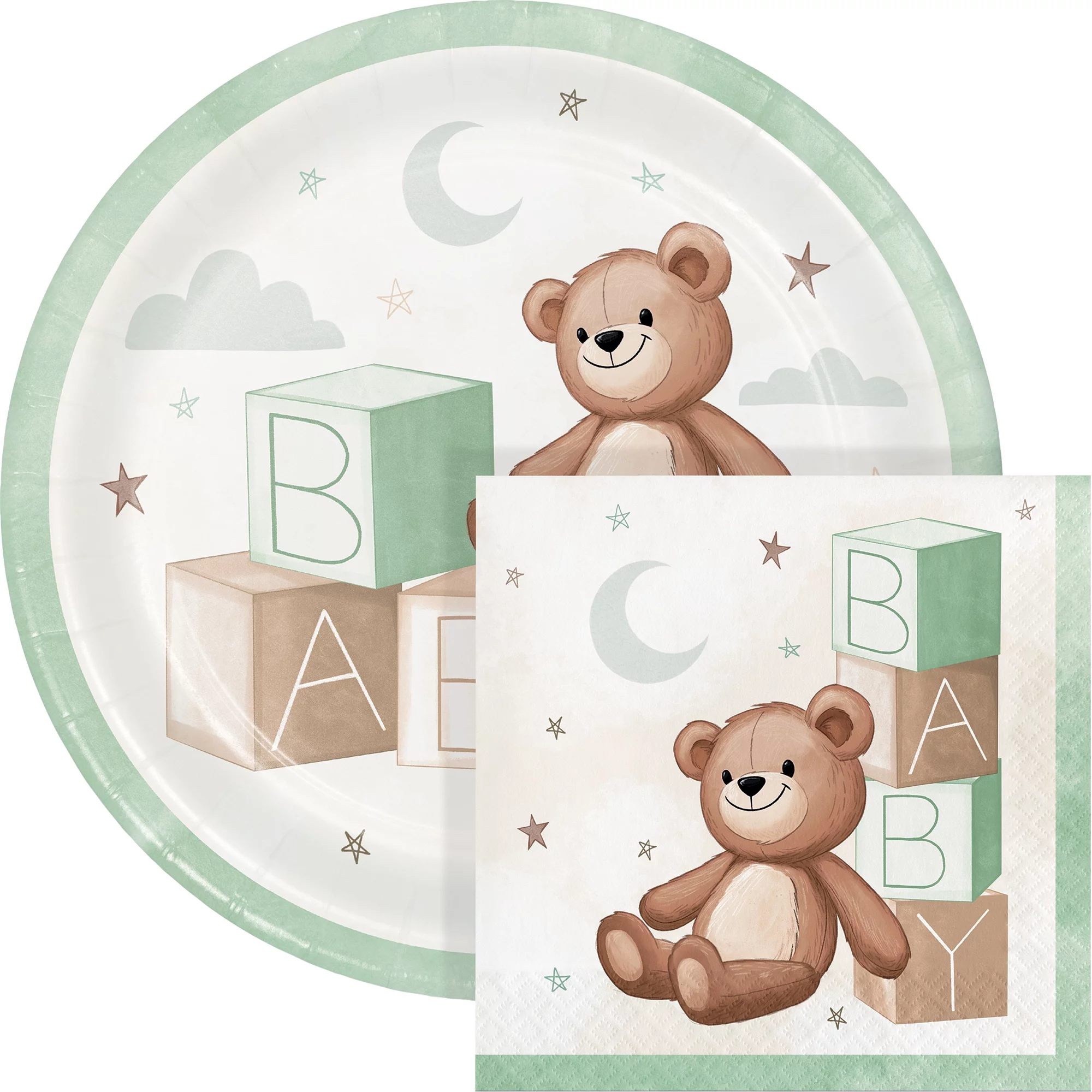Teddy Bear Baby Shower Plates and Napkins, Serves 16
