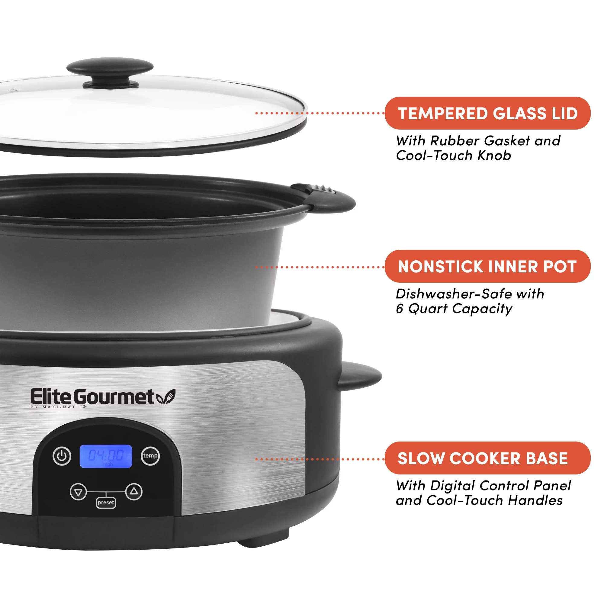Elite Platinum MST-610DT 6Qt. Programmable Stainless Steel Slow Cooker with Locking Lid
