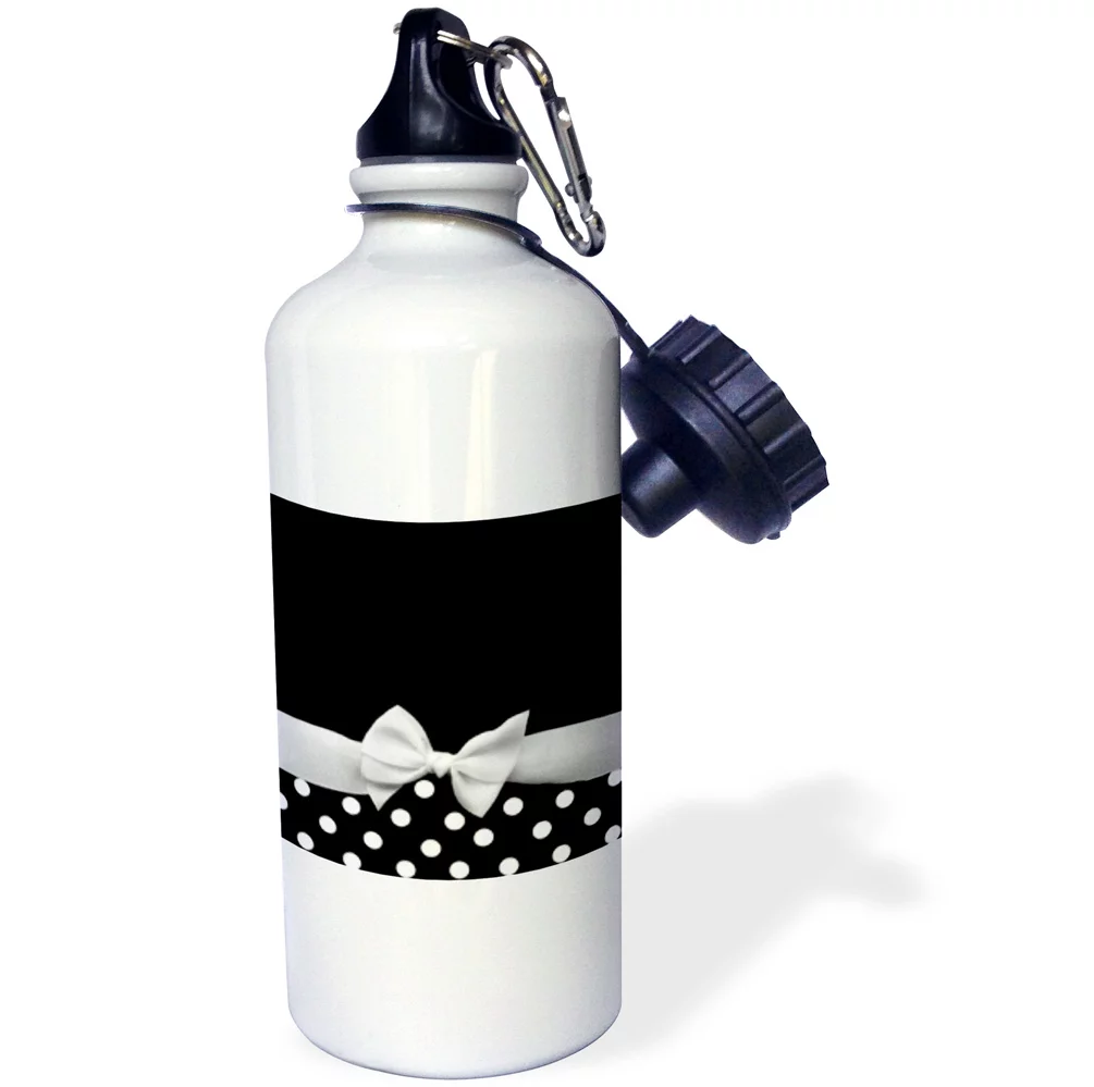 3dRose Retro chic black and white polka dots and white ribbon bow - 50s classic elegance, Sports Water Bottle, 21oz