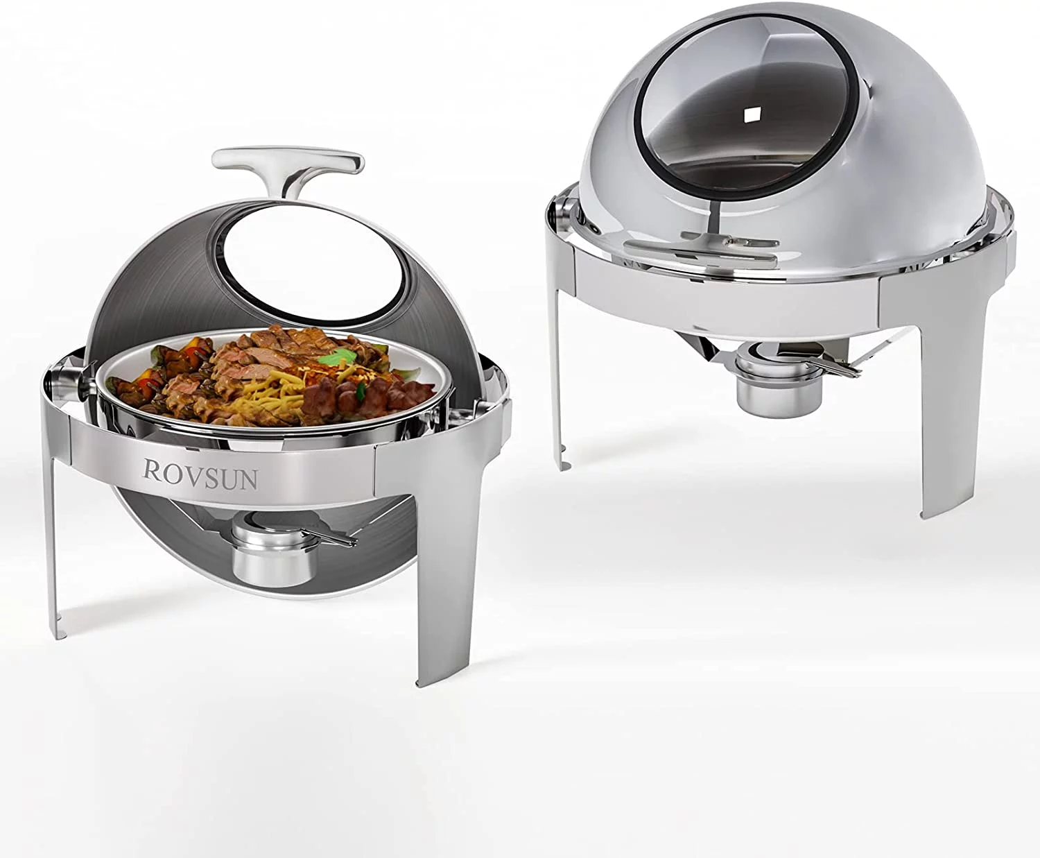 ROVSUN 2 Packs Roll Top Chafing Dish Buffet Set,6 Quart Round Stainless Steel Chafer for Catering,Buffet Servers and Warmers Set with Glass Window for Wedding, Parties