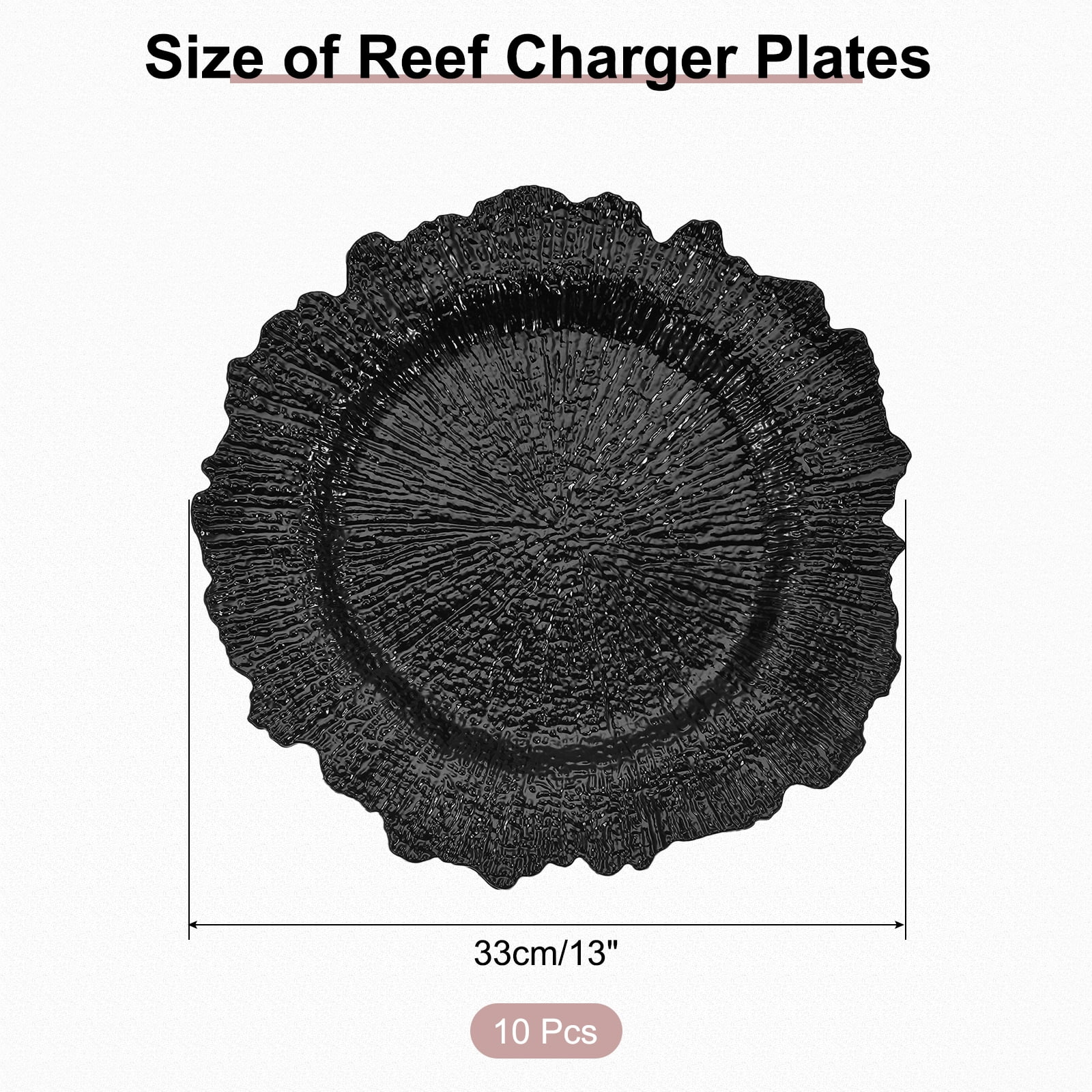 10pcs Reef Charger Plates Bulk, Plastic Floral Charger Plate for Dinner Wedding Party Table Decoration Black