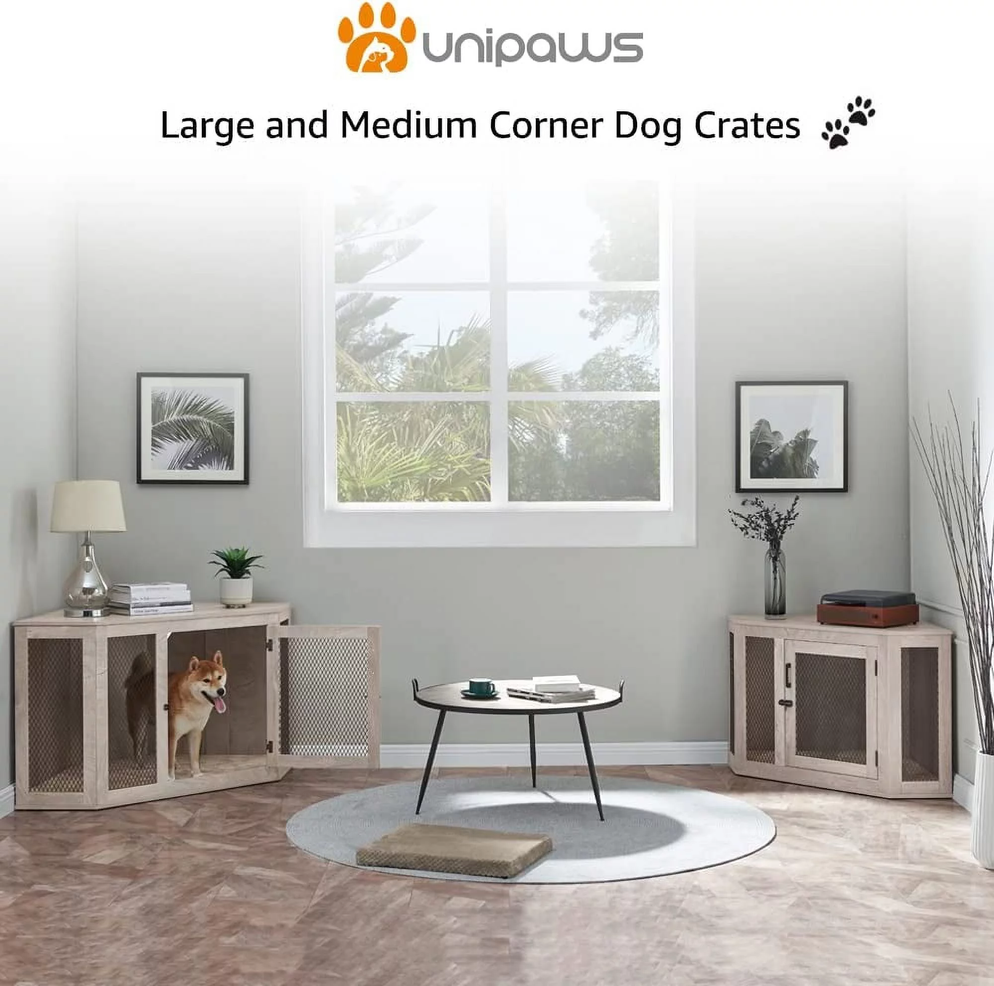 UniPaws UH5167 Large Corner Dog Crate -  Weathered Grey
