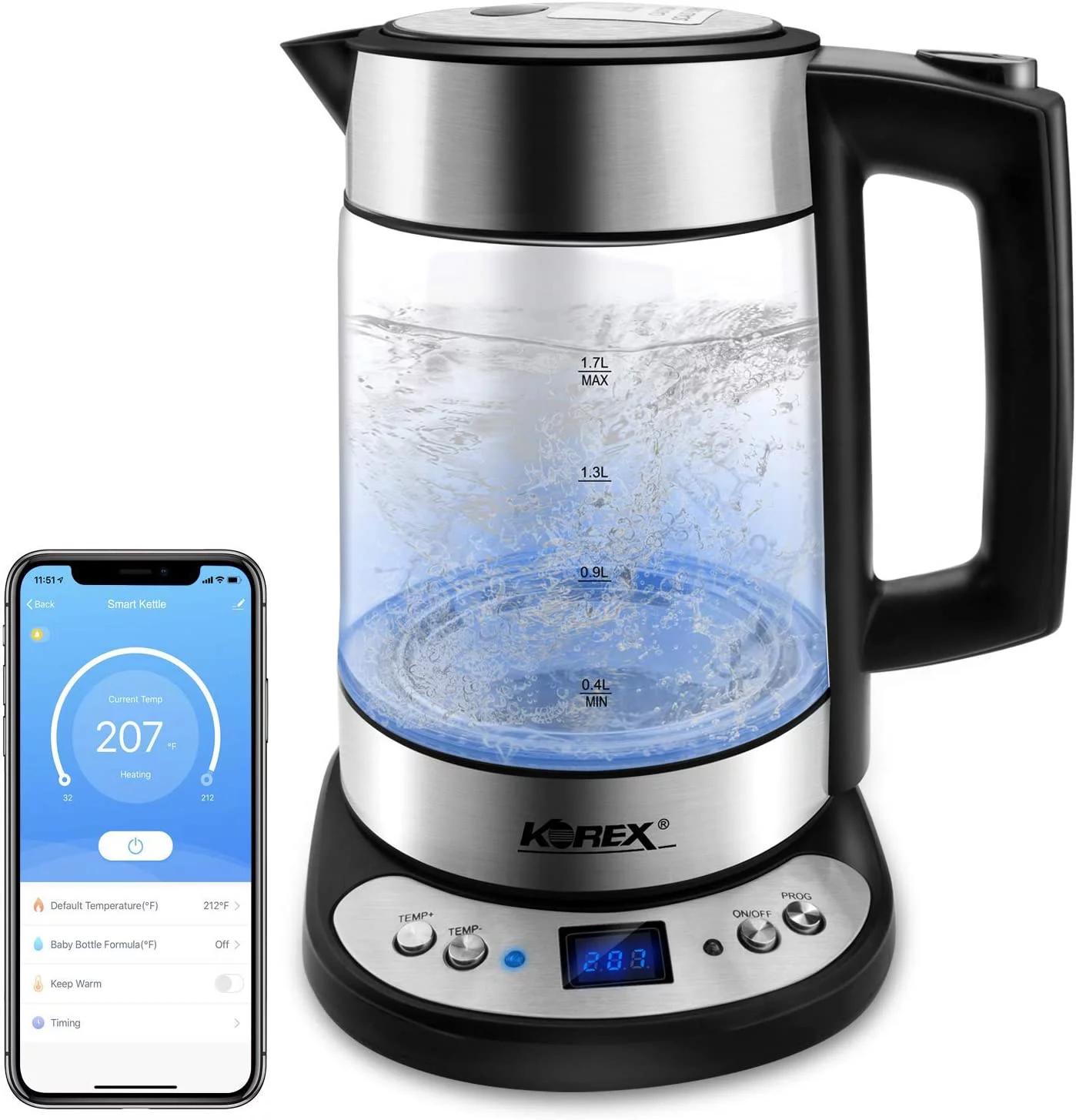 Water Kettle Suitable for APP Google Home Assistant 1.7 L Great for Coffee Tea Milk With Overheat Protection